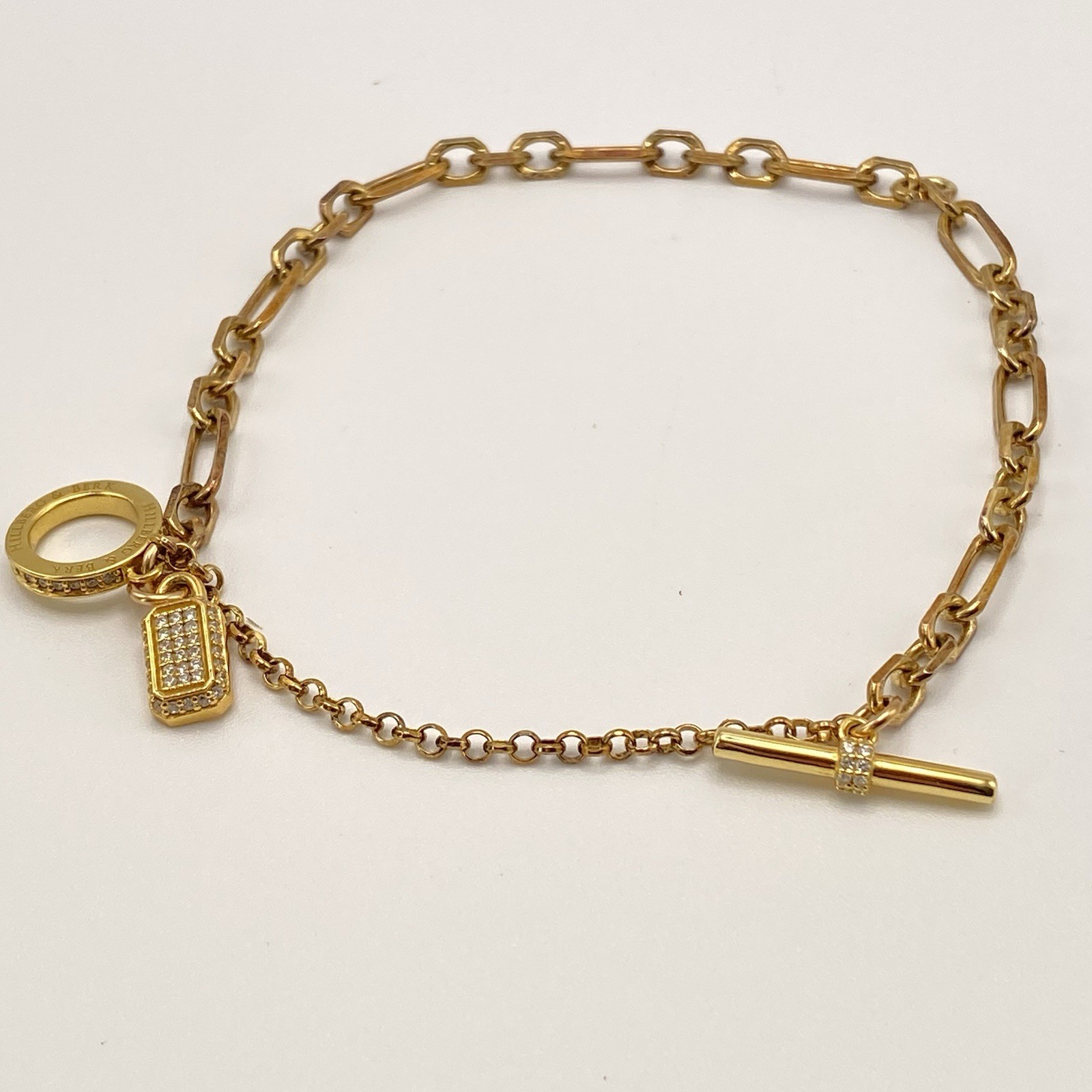 Hillberg & Berk Gemstone Bracelet 925 Gold Paper Clip Lock Charm Cubic Zirconia