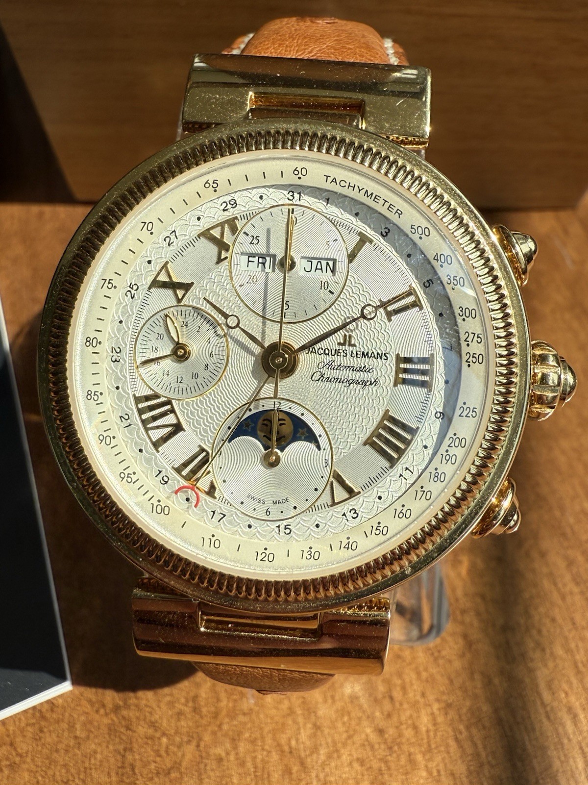 Jacques Lemans Valjoux 7751 Triple Calendar Moonphase Chronograph Gold Full Set