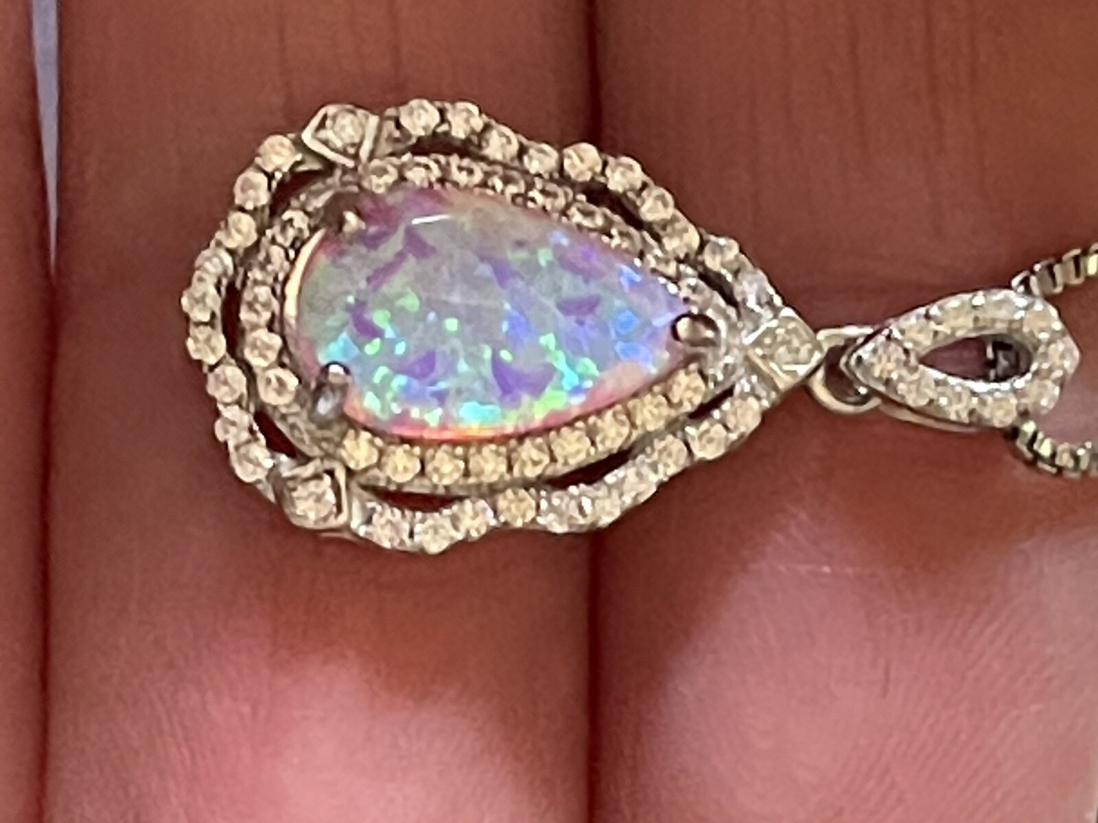 Sterling Silver Pear Pink Lab Opal CZ Necklace 22 Inch Chain