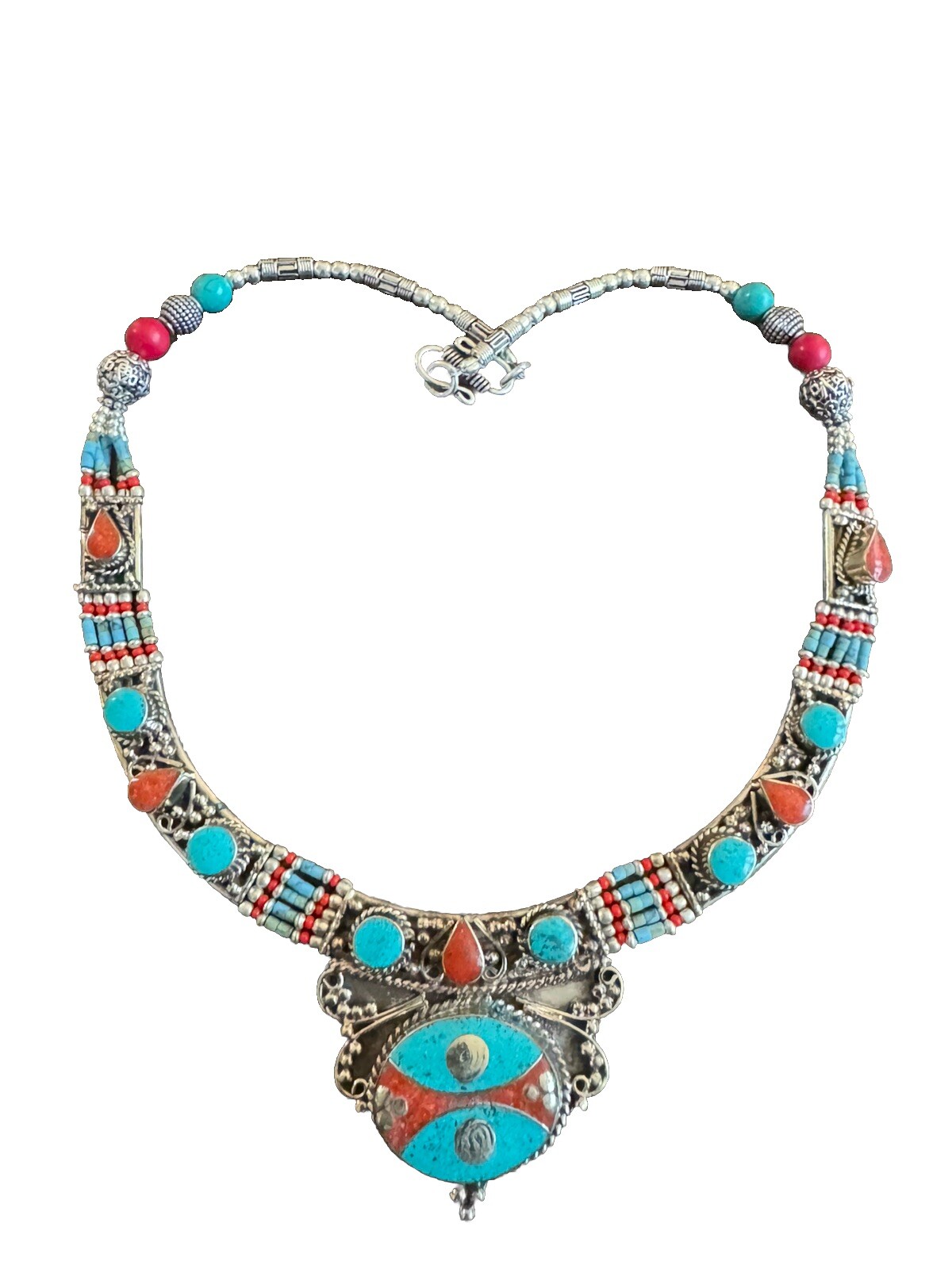 Ethnic tribal theme hand crafted necklace inlay stones set in Tibetan silver19”