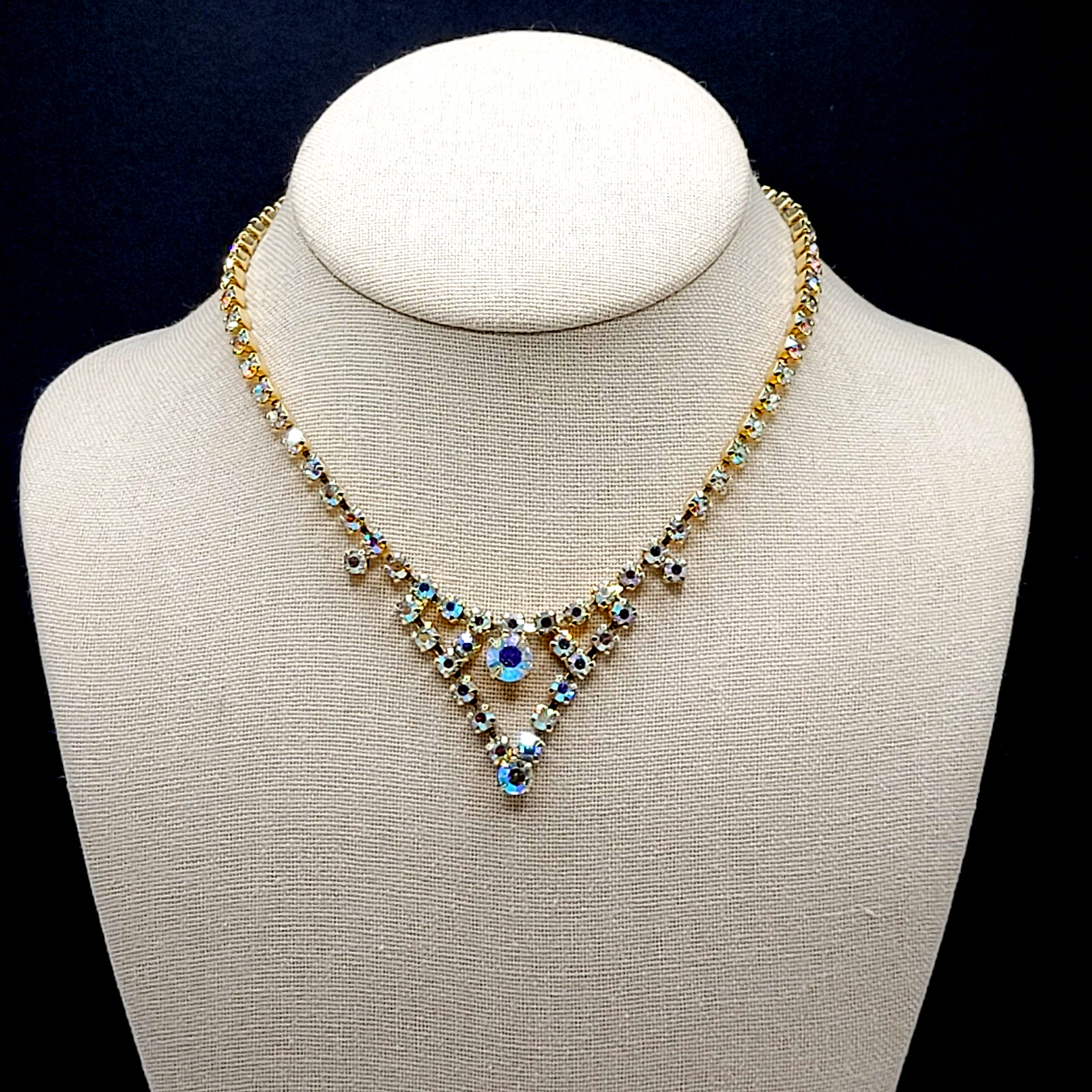 Swag or V Style Drop Choker AB Rhinestone Necklace Gold Tone Vintage 15 inch
