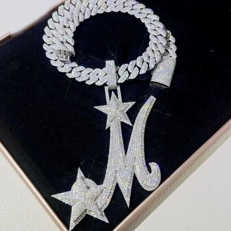 4 Ct Natural Moissanite Custom Letter M Star Men’s Pendant 925 Sterling Silver