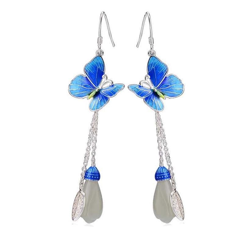New Enamel Dangle Earrings Lotus Flower Jade Butterfly Drop Chinese