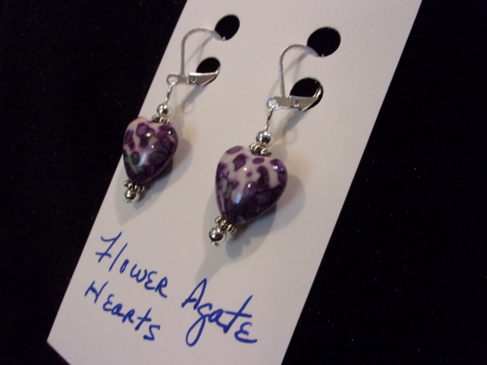 925 Multi-Colored Flower Agate Hearts Leverback Earrings