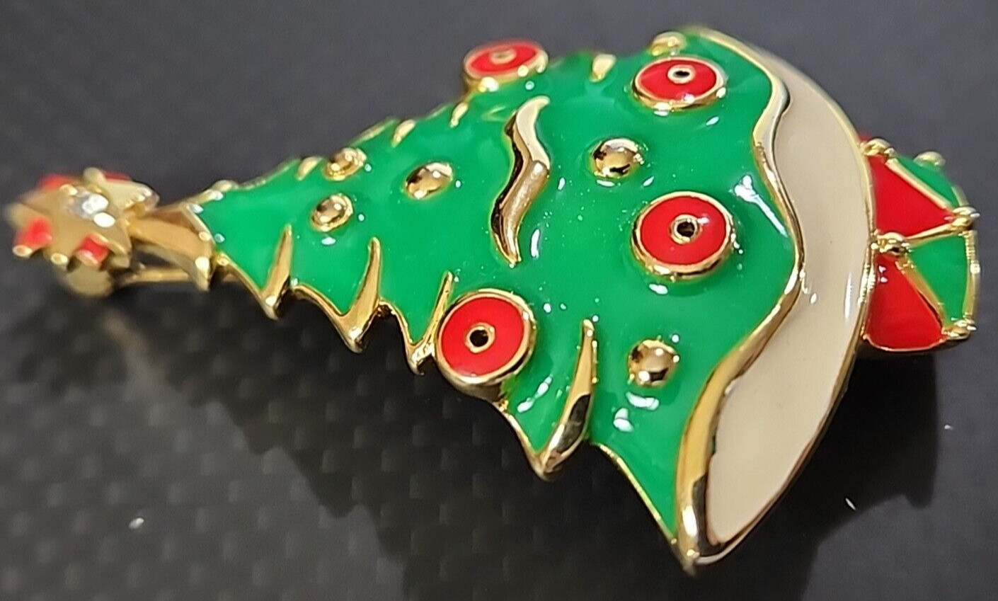 Brooch Christmas Tree Green Gold White Red Holiday Enamel or Metal Pin 2 1/2″