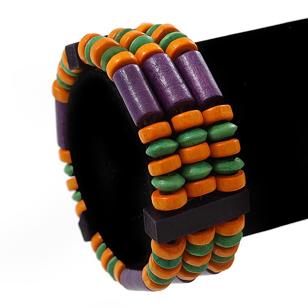 Multicoloured Wood Bead & Bar Flex Bracelet (Purple, Orange, Green) – 18cm