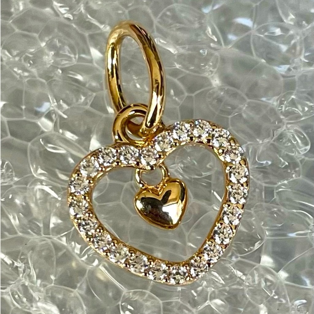 ❗️New ❗️Pandora 14k Solid Gold 585 ALE Double Heart~ Clear CZ Dangle Charm
