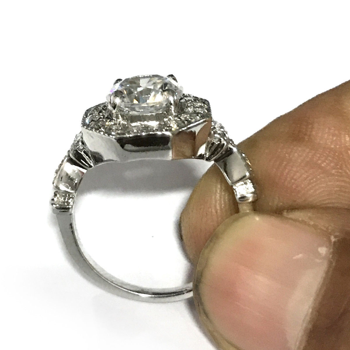 1.90 Ct White Round Real Moissanite Halo Engagement Ring In 925 Sterling Silver