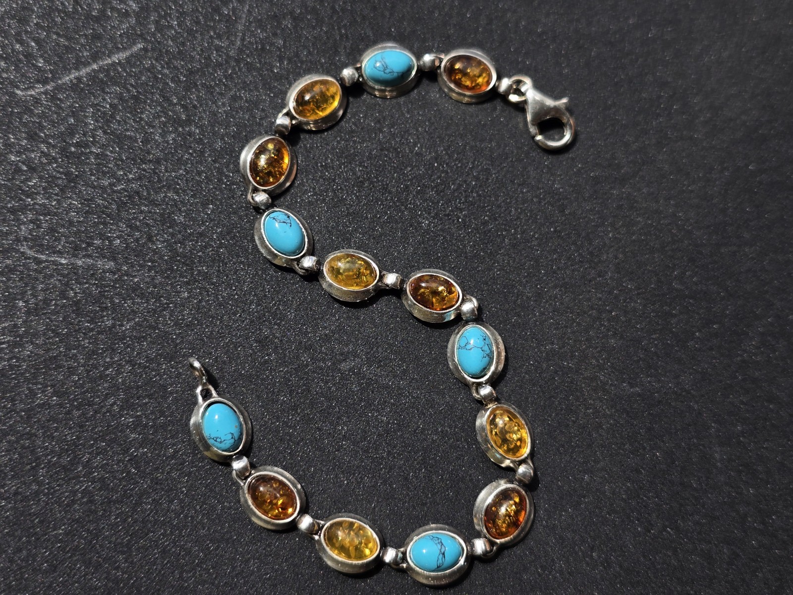 Gemstone Link Bracelet Sterling Silver with Baltic Amber and Turquoise 7.25″