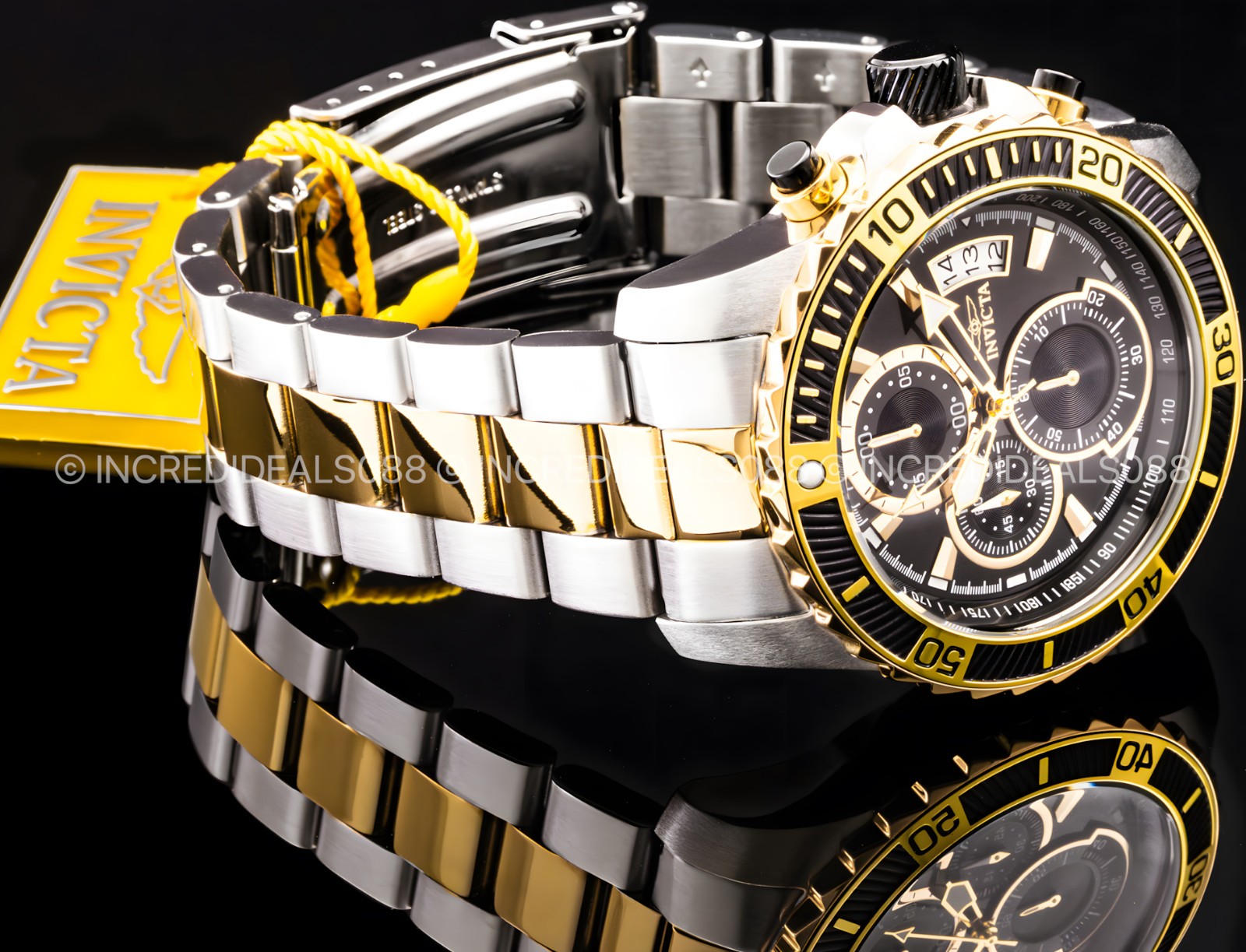 Invicta Men PRO DIVER SCUBA 18K GOLD SILVER Black Dial Two Tone Bracelet Watch