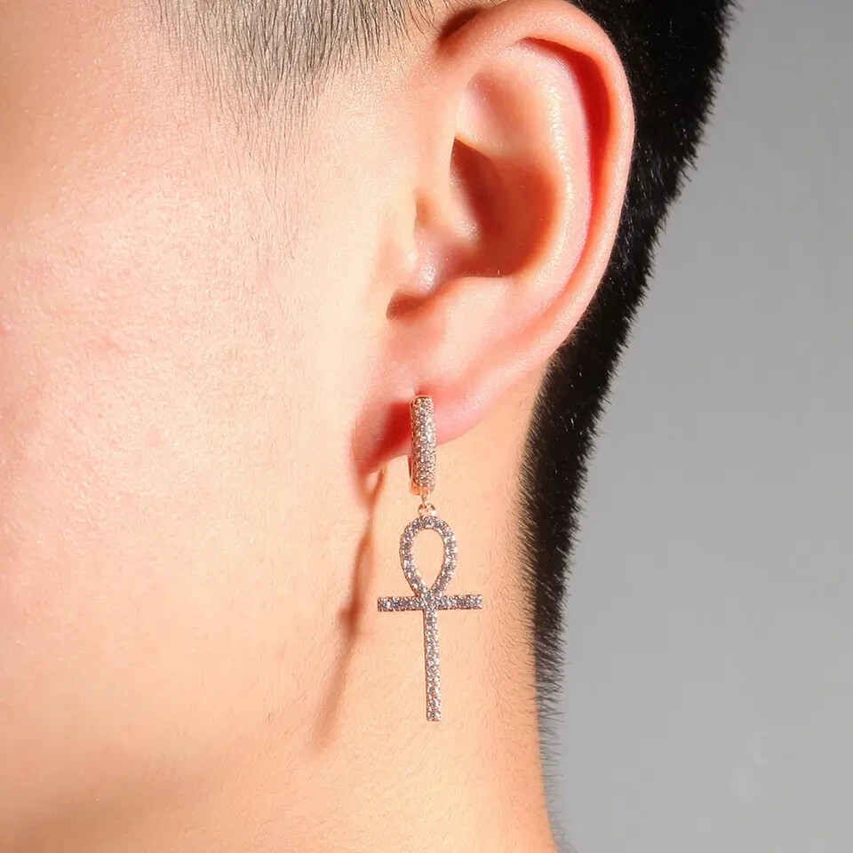 1 Ct Round Cut Natural Moissanite Ankh Cross Dangle Earrings 925 Sterling Silver