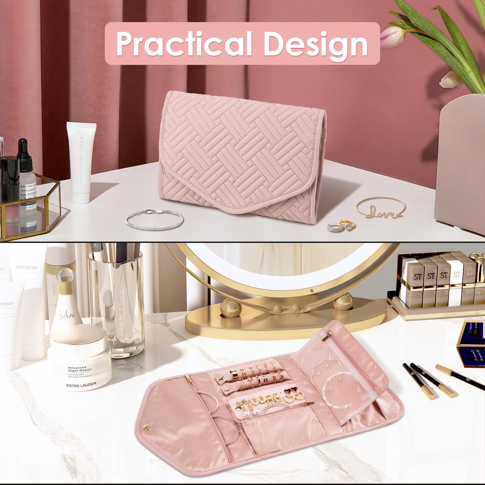 Travel Jewelry Organizer Bag Anti-Tangle Foldable Small Jewelry Roll Travel C…