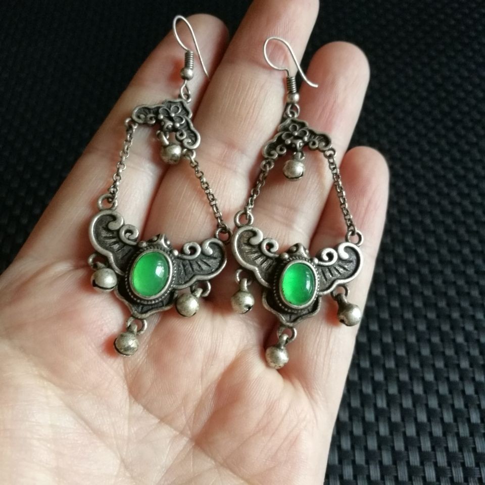 Vintage Court Butterfly Earrings Green Gem Hanfu Qipao Jewelry Pair