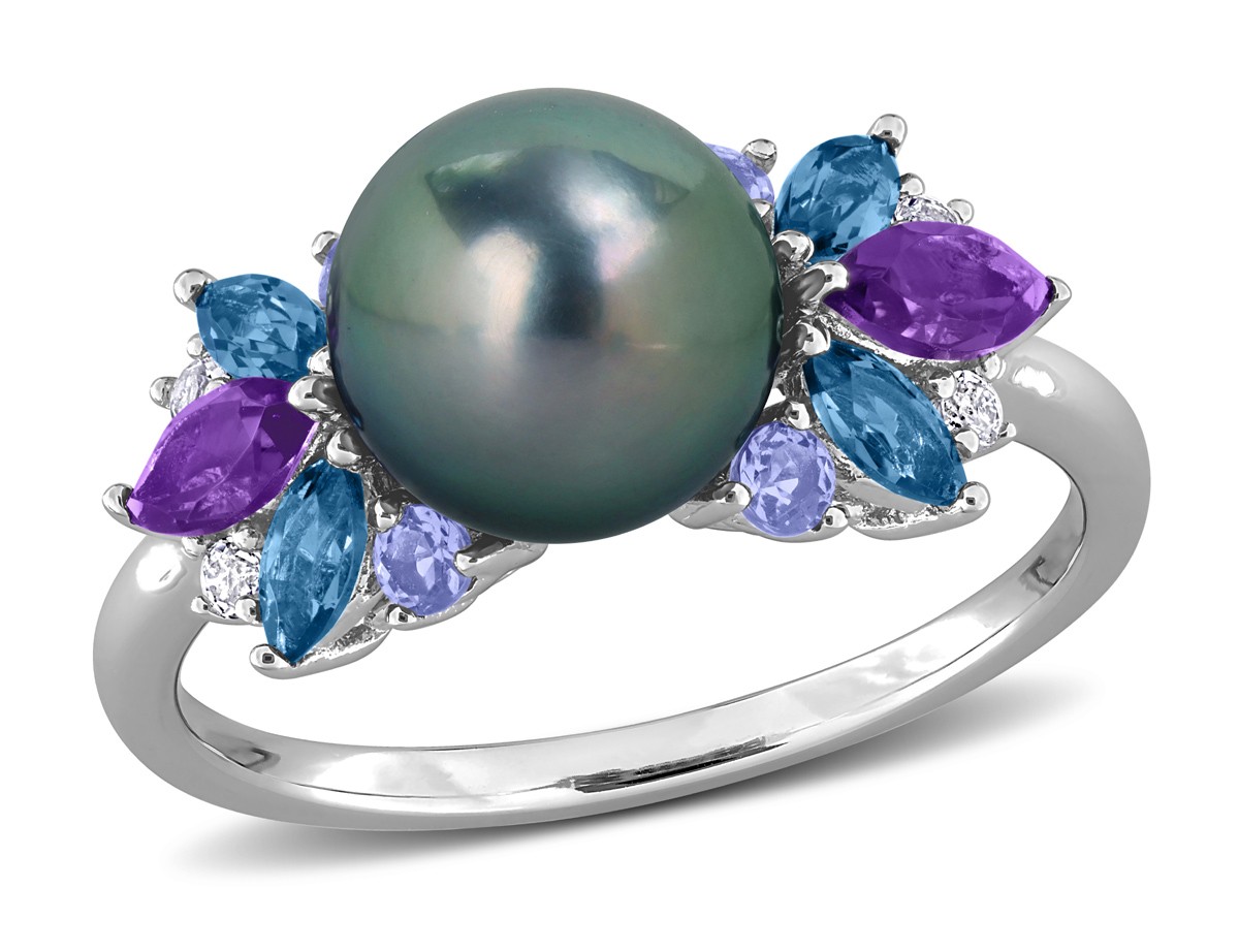 8-8.5mm Black Tahitian Pearl 7/8 Carats (ctw) Blue and White Topaz, Ring