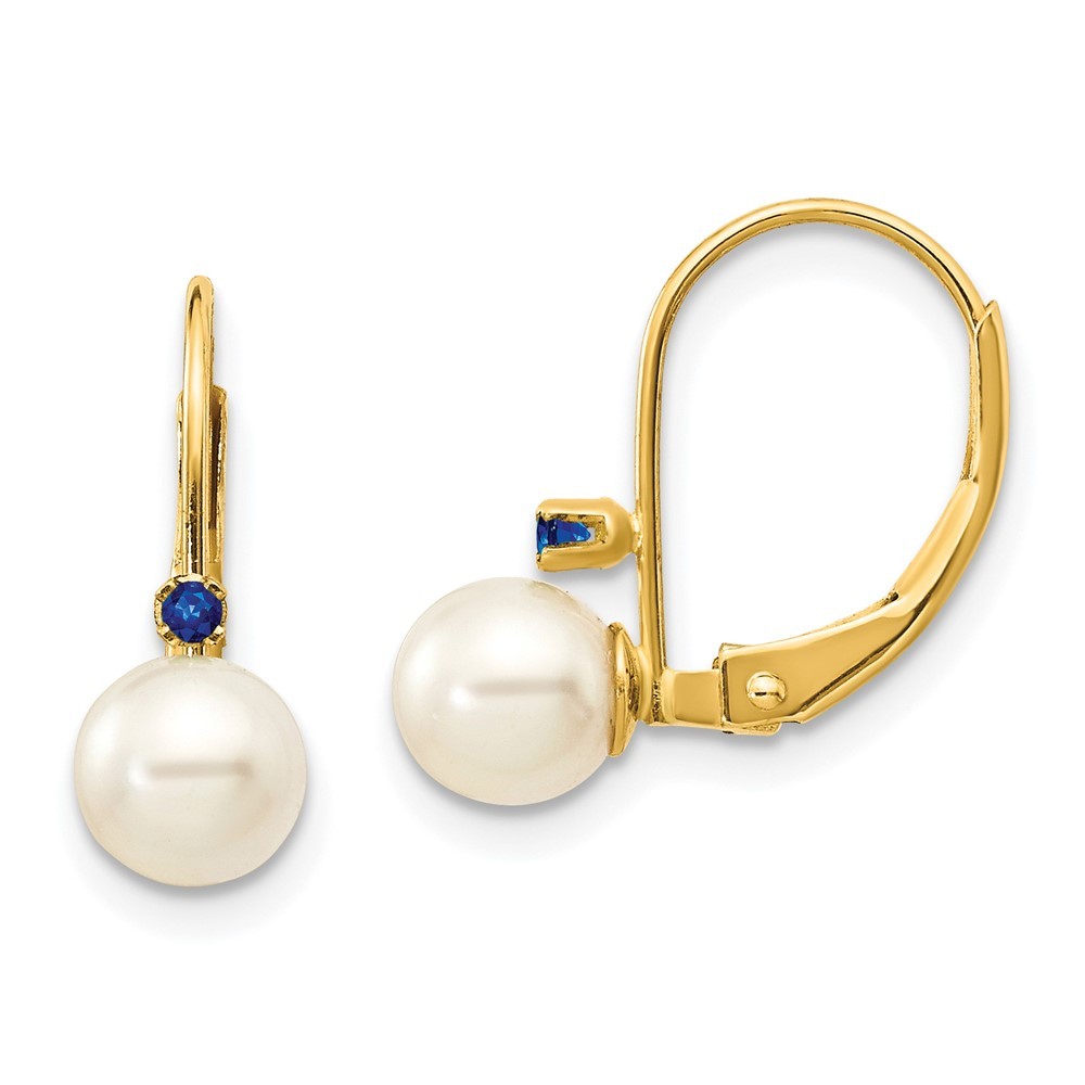 14k Yellow Gold 5-5.5mm Round FW Cultured Pearl Sapphire Leverback Earrings