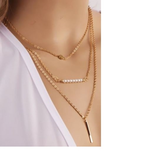 Occident Charm Simplicity Metal Gold Simple Pearl Multilayer Chain Necklace P19