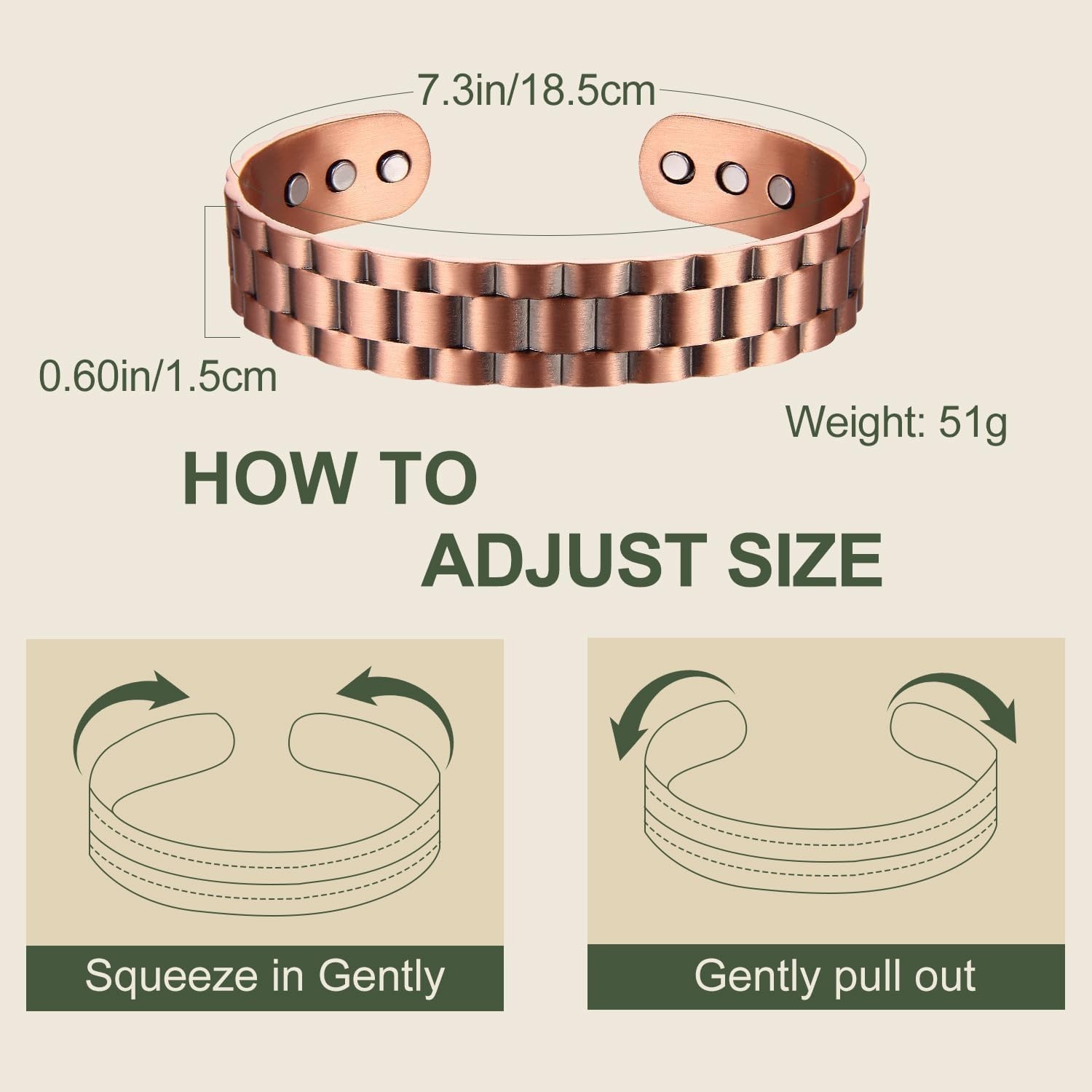 Pulsera de Cobre para Hombres Pulsera de Cobre Puro 99.9% 6 Imanes de 3500 Gauss