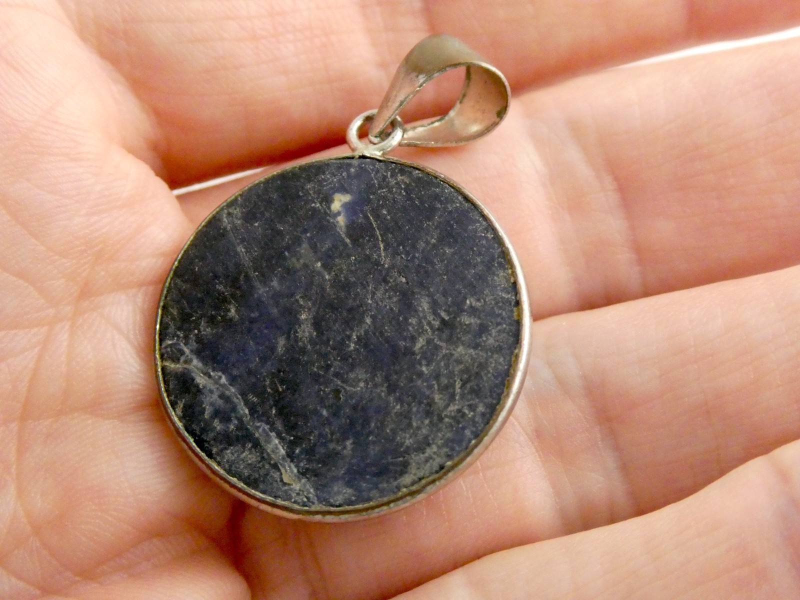 Silver Plated Bezel Setting Round Dyed Darker Blue Sodalite Cabochon Pendant