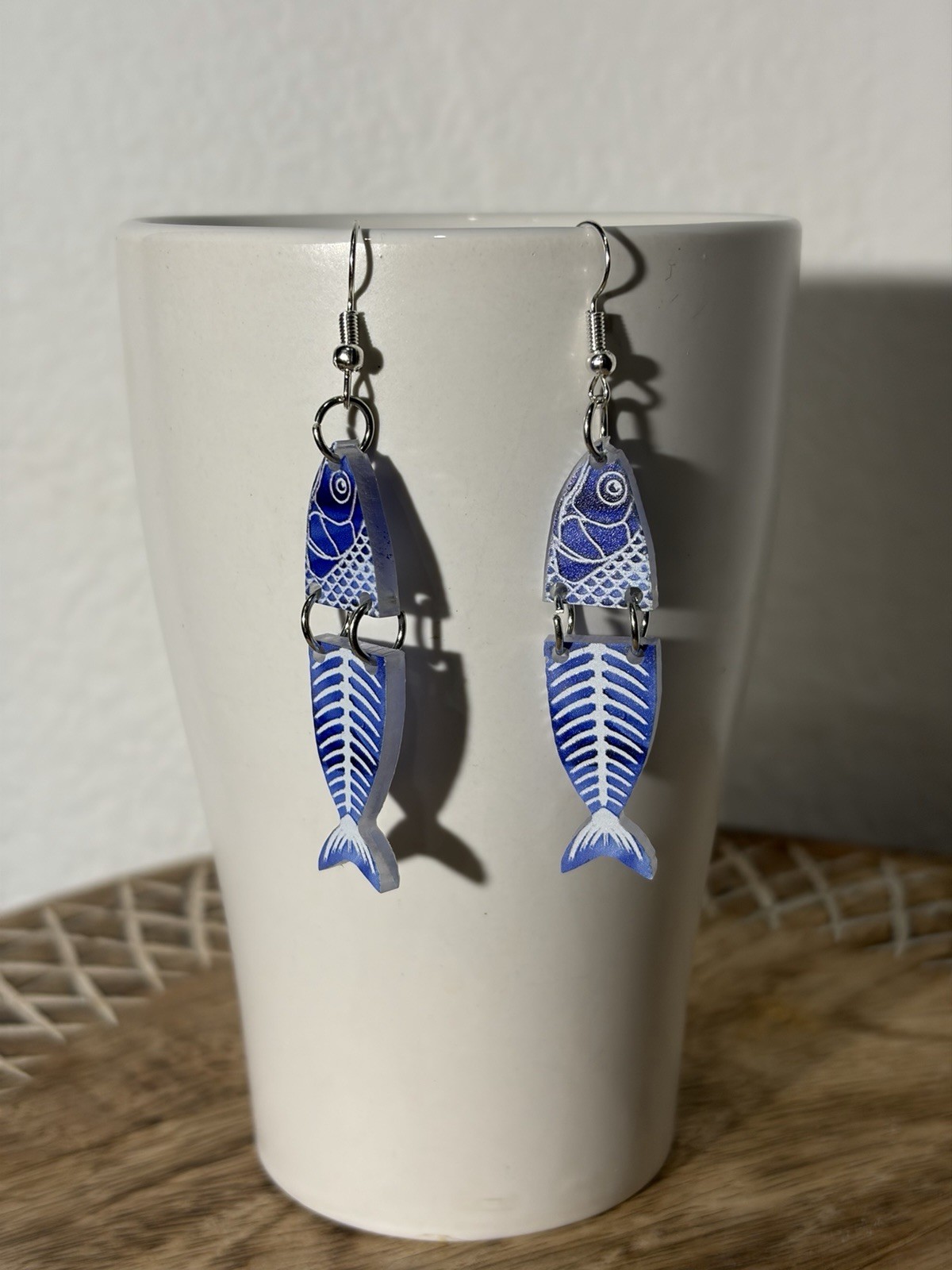 Blue/White/Silver Metal/Plastic Fish Dangle/Drop Hook Earrings, No Stone