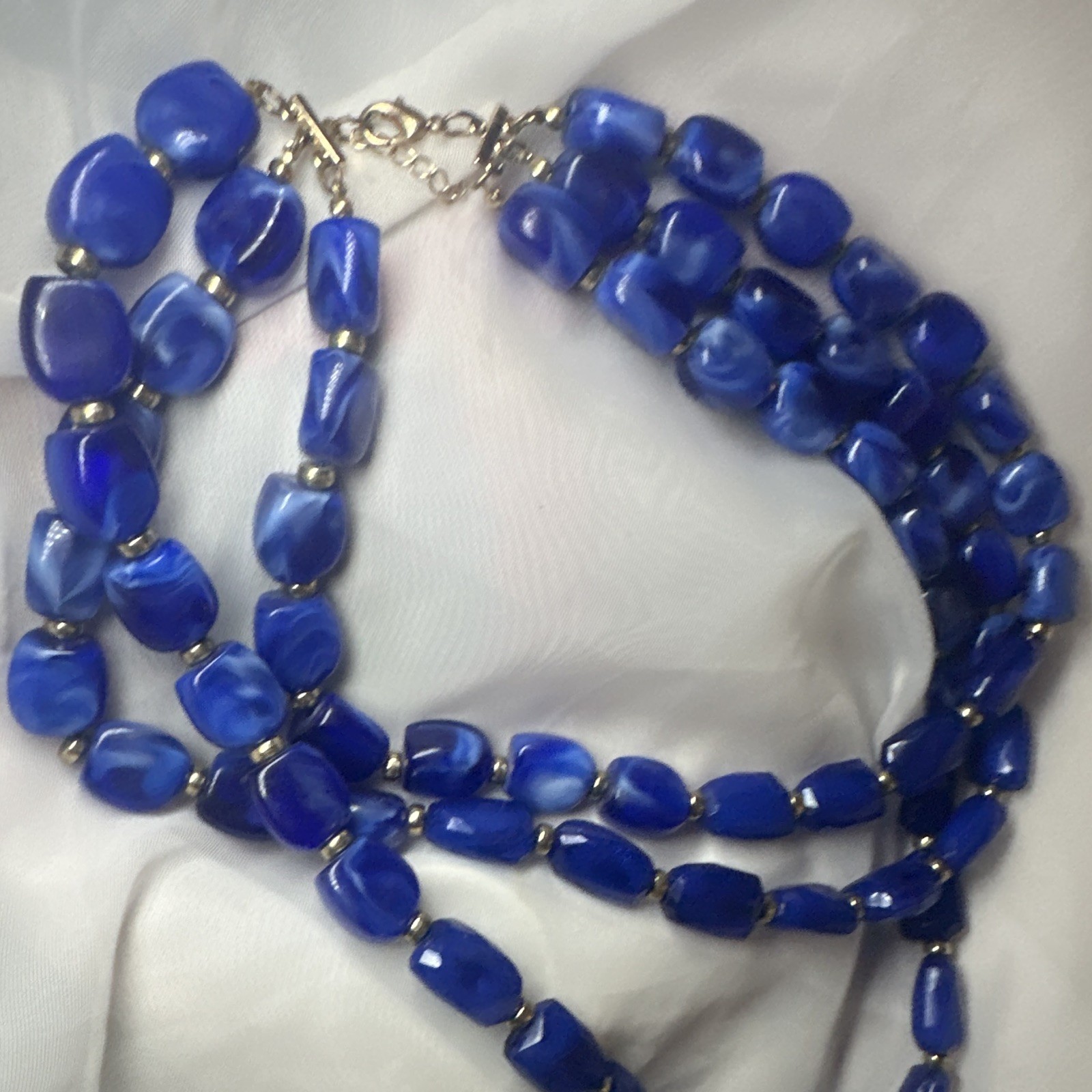 Blue Glass Beaded Multi-Strand Necklace, Silver Tone, Adjustable Lobster Clasp