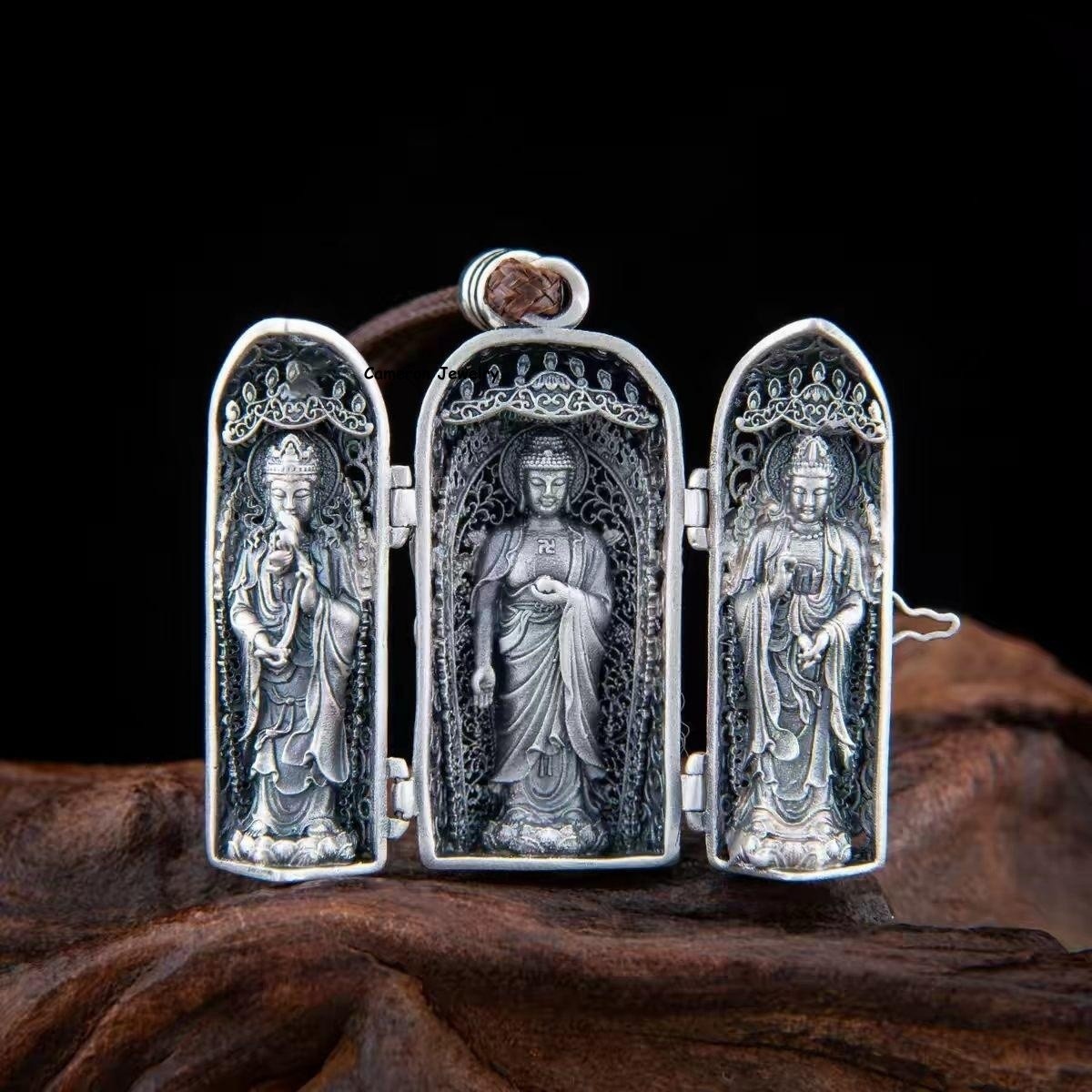 999 Fine Silver Filigree Western Three Saints Locket Openable Pendant 29-30g