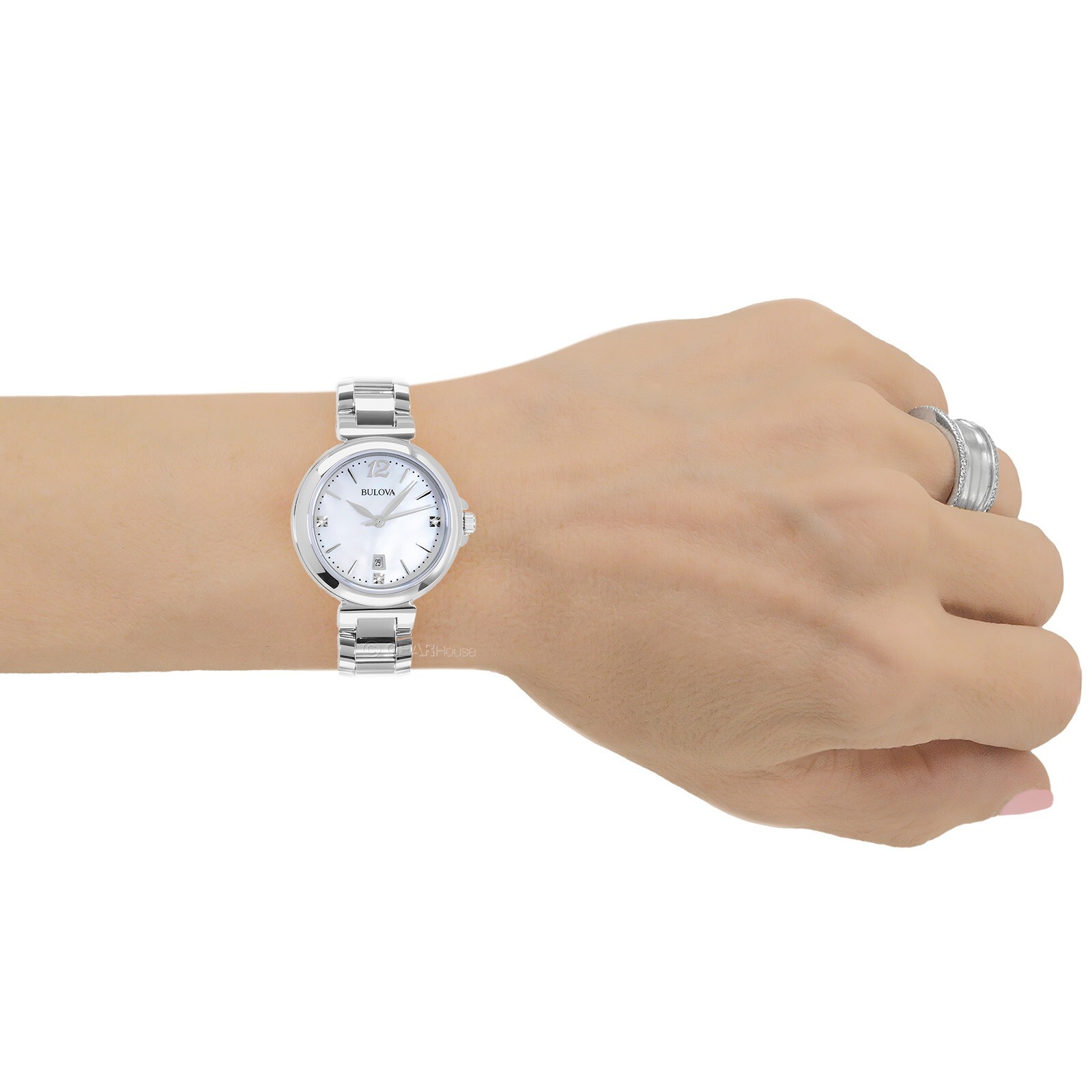 BULOVA Womens Dress Watch Genuine Diamonds, White MOP Dial, Stainless Steel Band