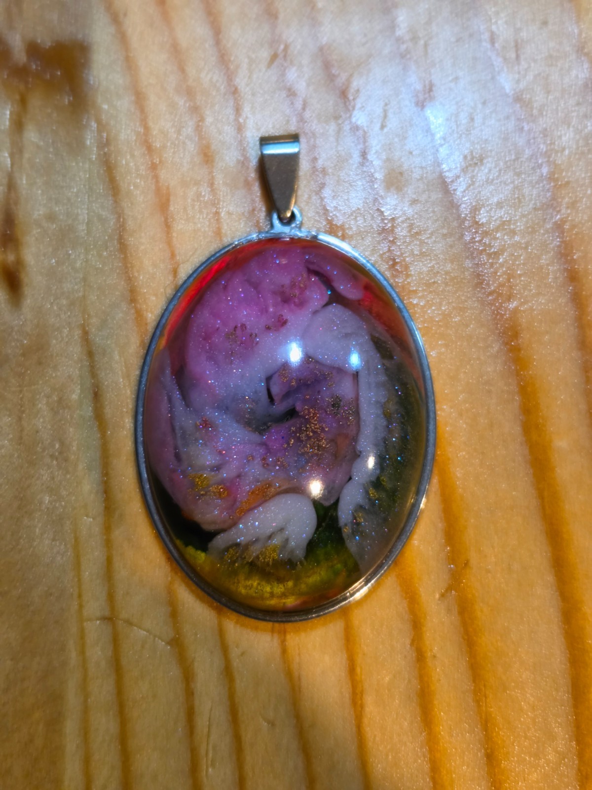 OOAK Nebula Series Petri Effect Resin Oval Pendant Stainless Steel N091