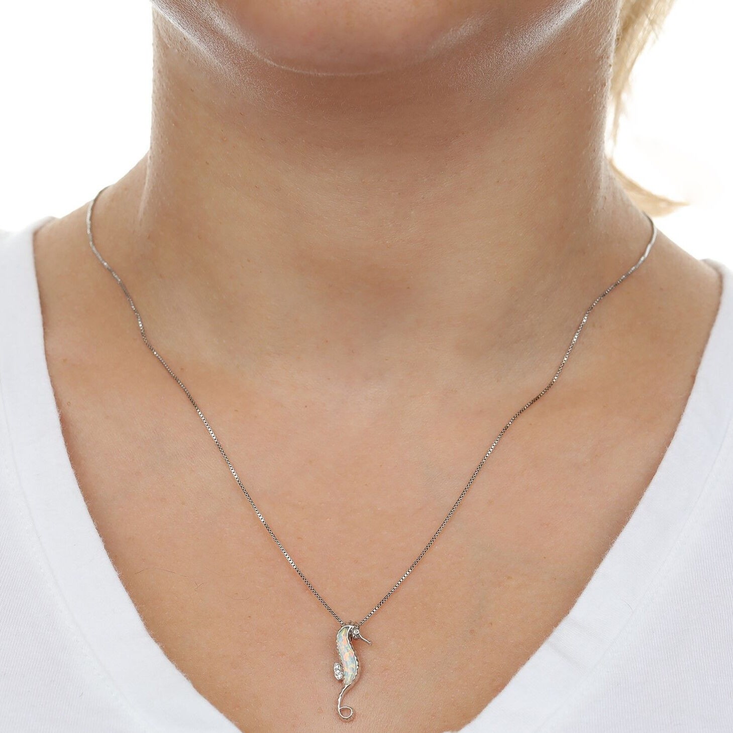 .012 cttw Diamond and Created Opal Seahorse Pendant in Sterling Silver 18″