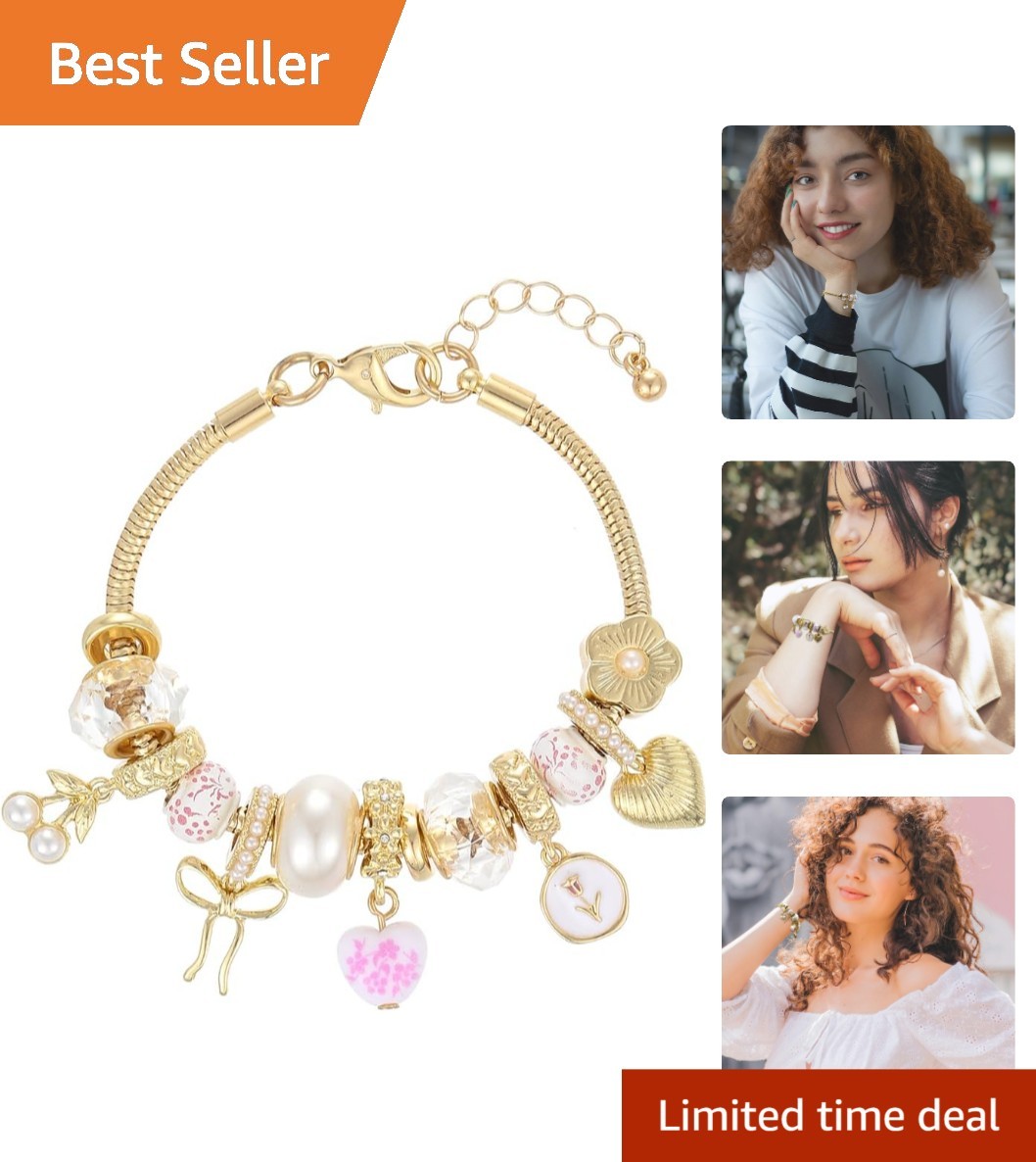 Charming Gold Adjustable Bracelet with Heart & Flower Ceramic Charms for Women