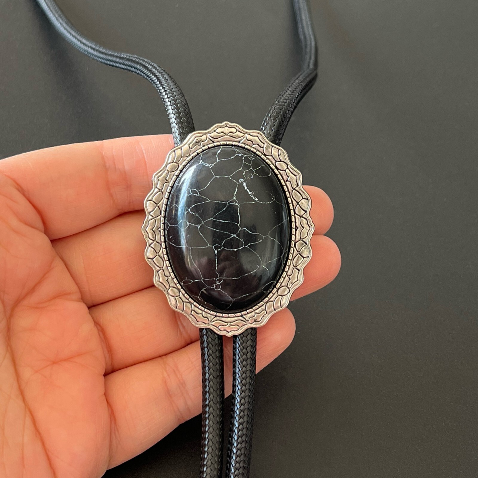Silver Lace Base Giant Black Granite Mens Bolo Tie Waxed Rope Wedding Necklace