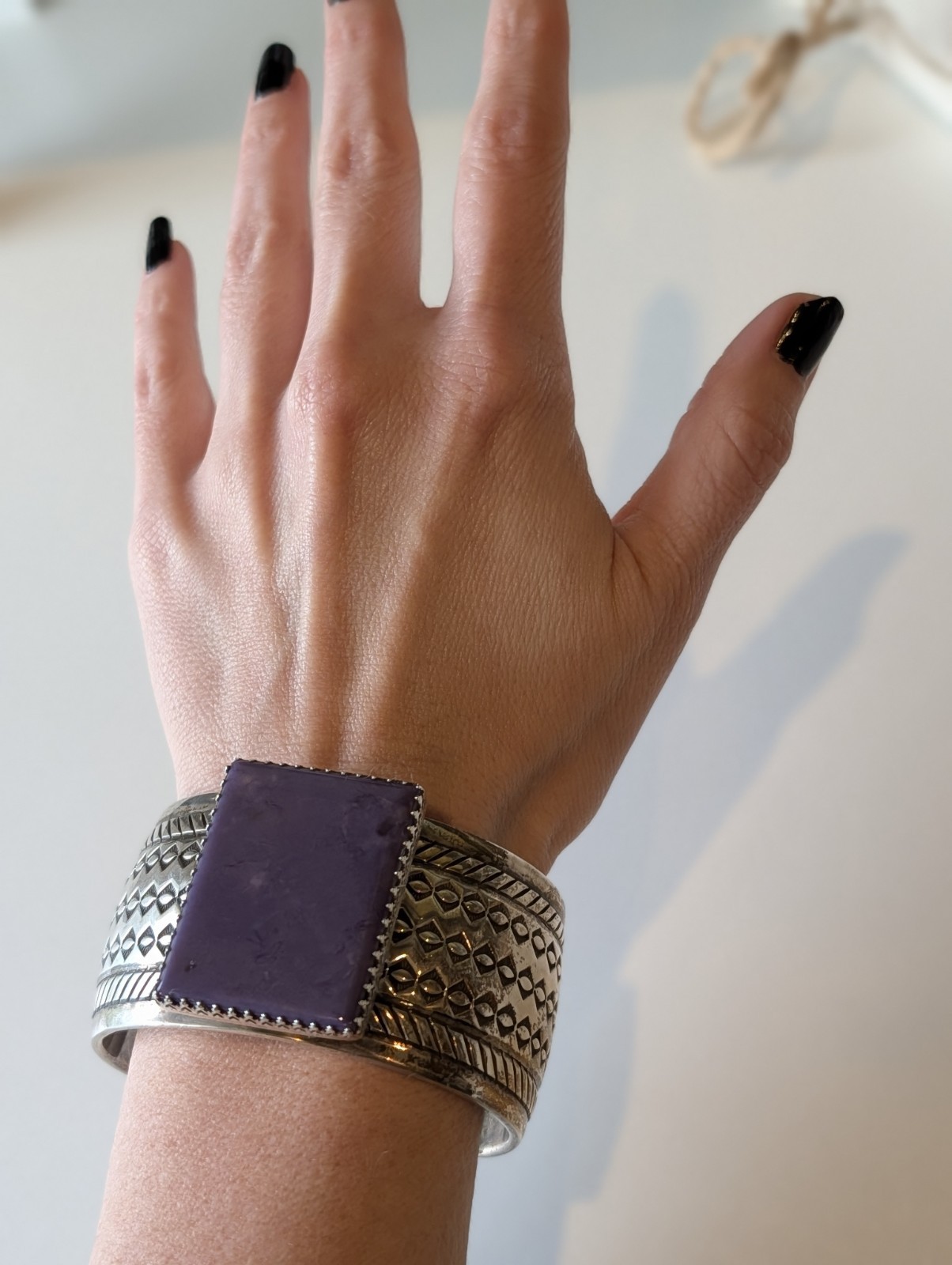 Gary S. Custer Navajo Sterling Charoite Cuff 114g Hand-Stamped 1⅜” Wide