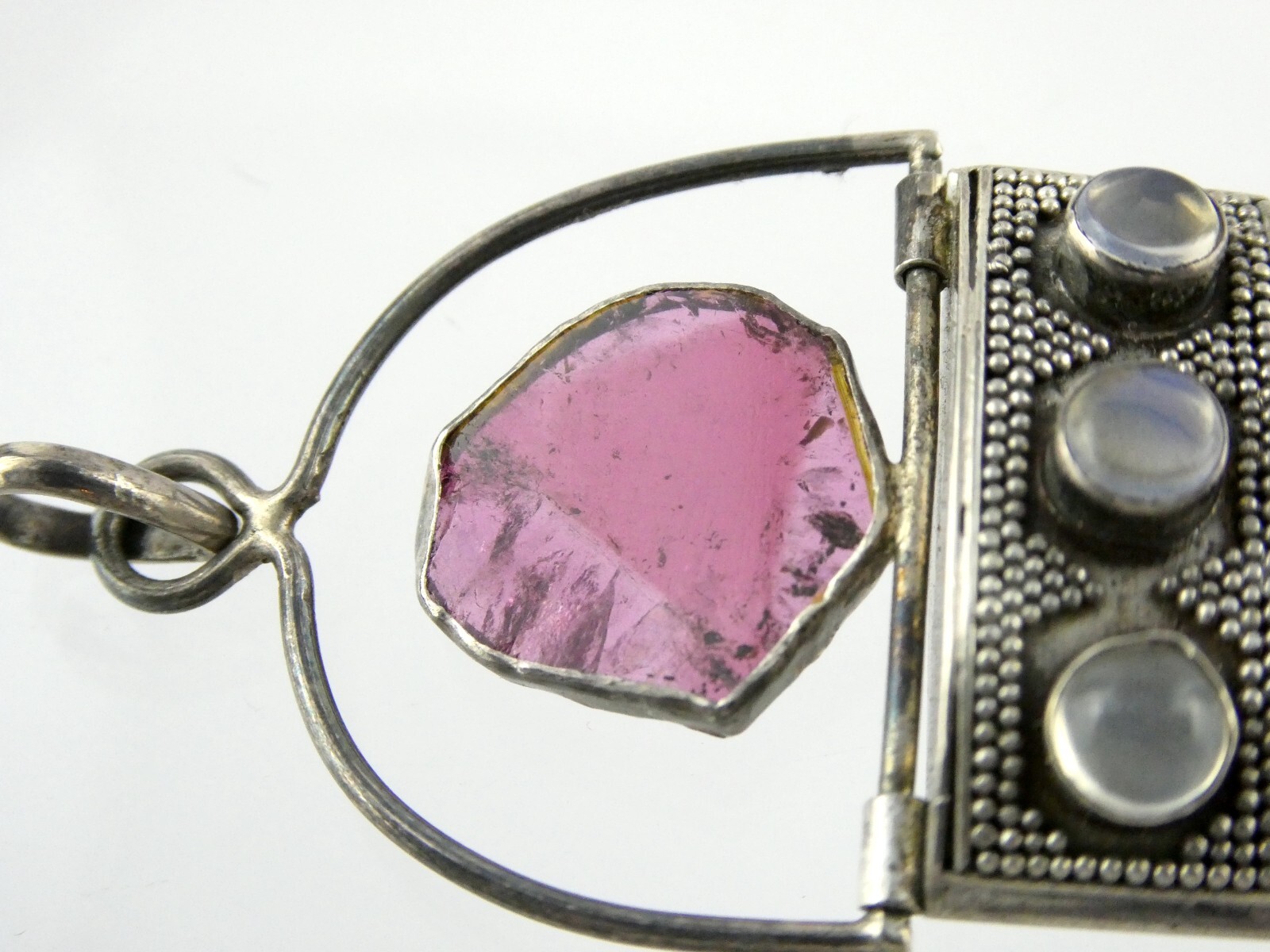 Sterling Silver Pink Tourmaline Slice Labradorite Moonstone Pendant 925 24.2g