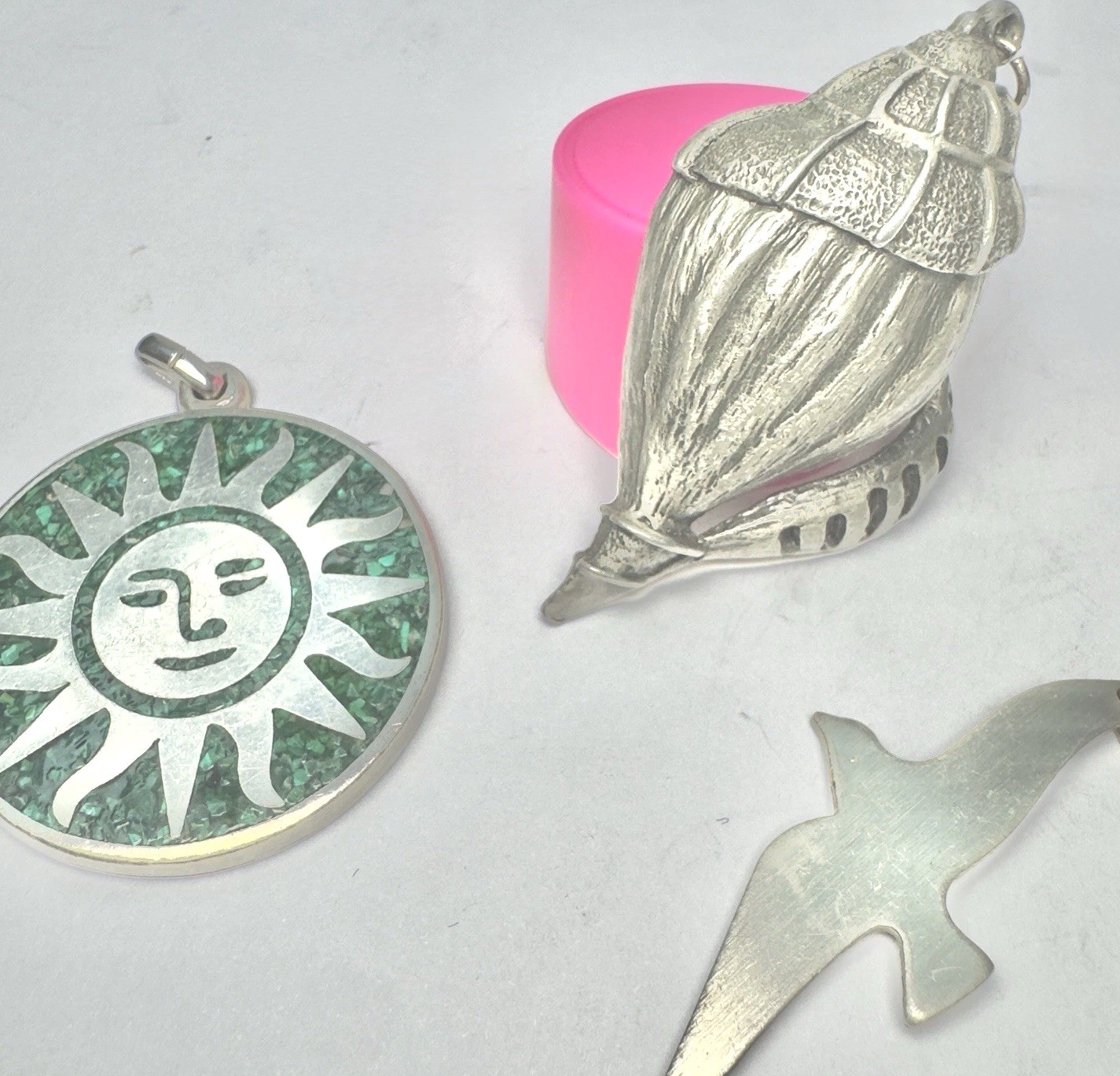 Vintage Pendant 3pc Lot Silver Pewter Sun Face Shell Seagull Some Signed
