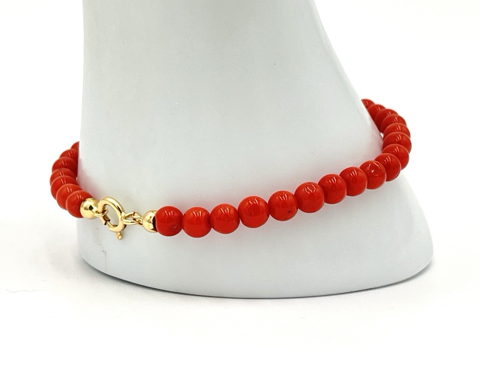 Natural Mediterranean Red Coral Bracelet 5mm 18kt Gold 21cm Made in Italy