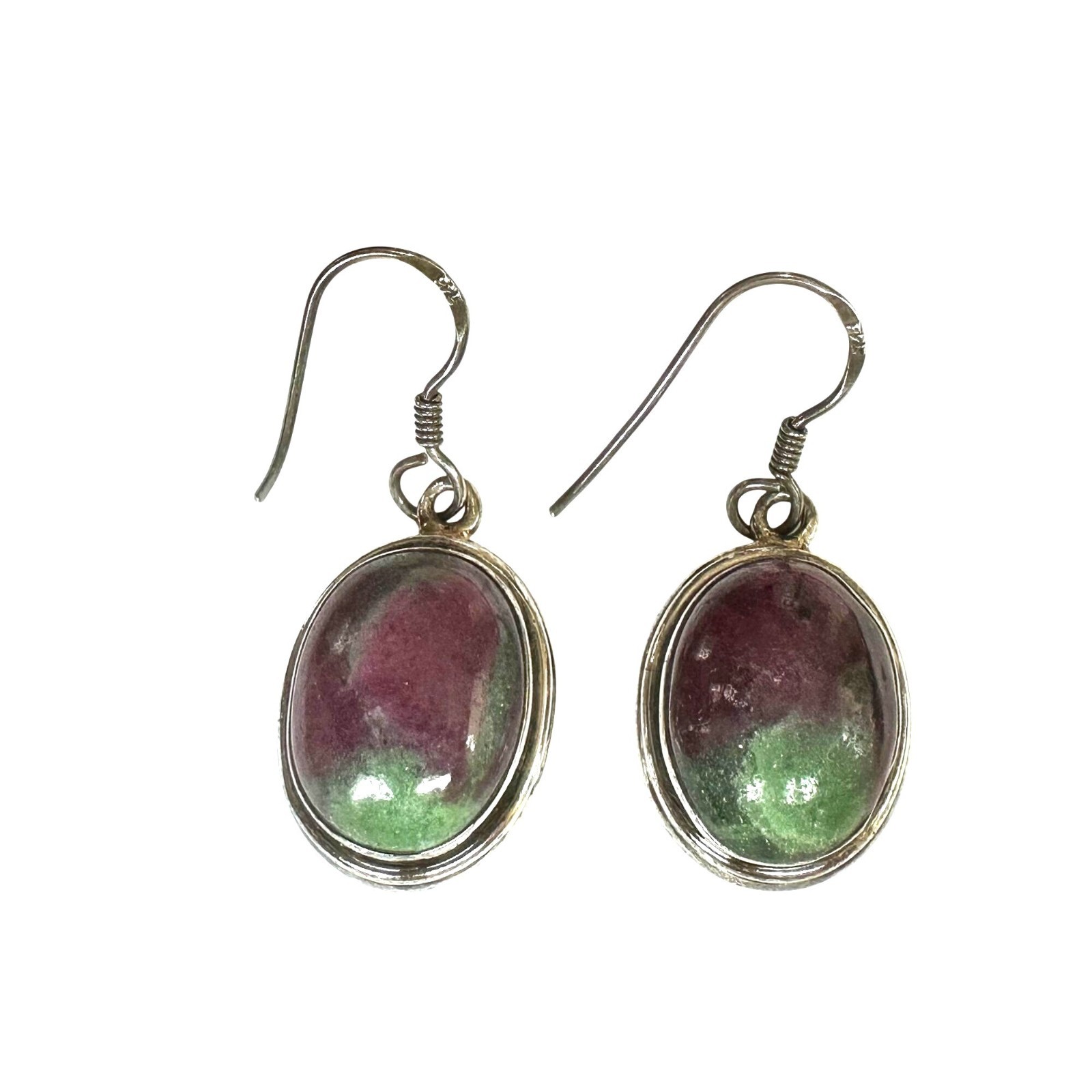 Sterling Silver Oval Ruby Zoisite Gemstone Dangle Earrings Pink & Green