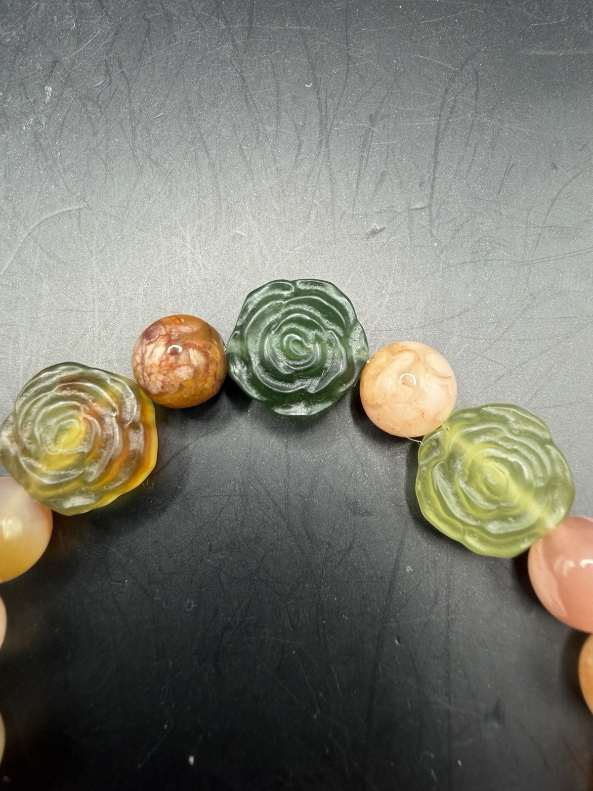 Pink Flower Agate Beaded Bracelet, Featuring a Xiuyan Jade Flower-Shaped Charm