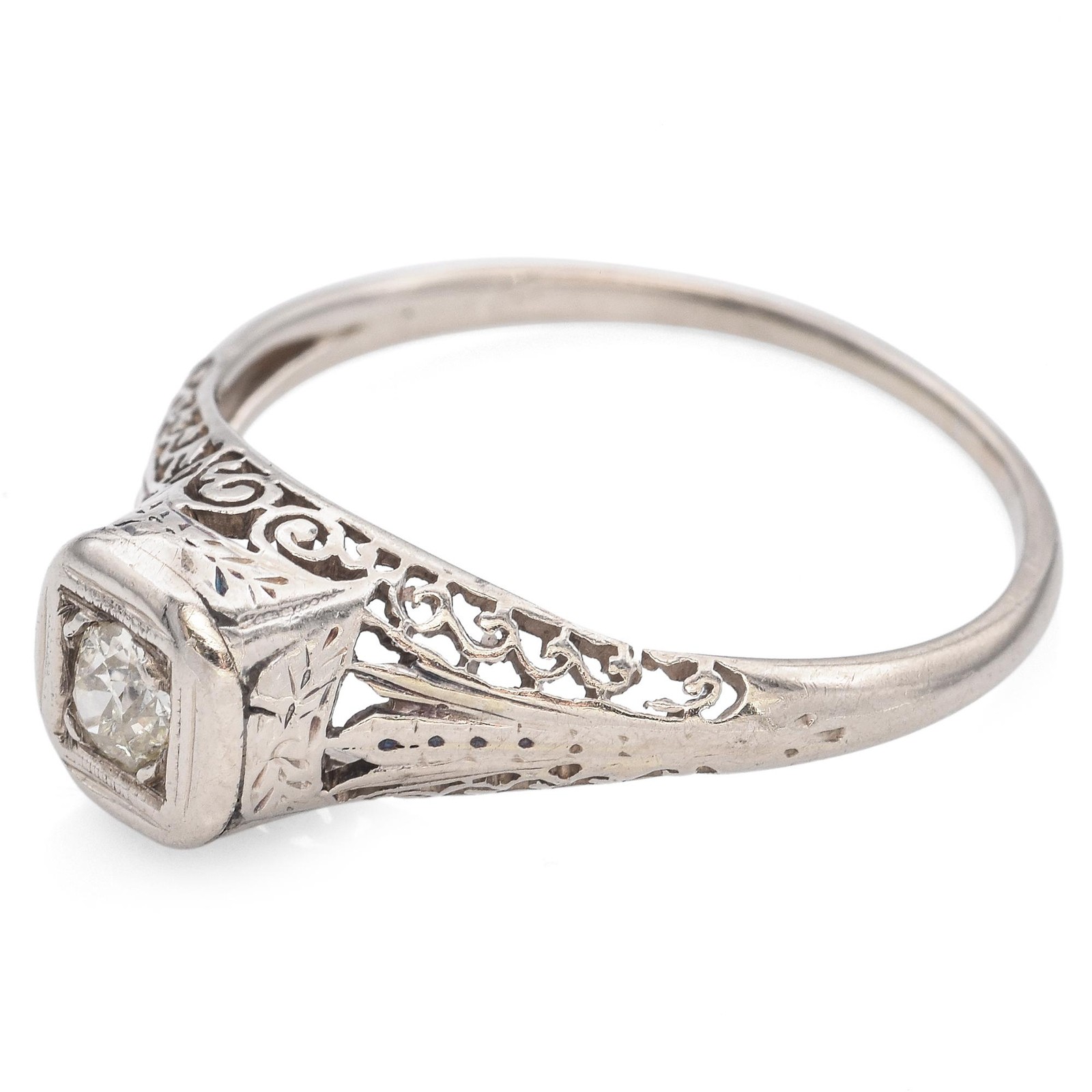 Vintage White Gold 0.11ct Old Euro Diamond Filigree Engagement Ring