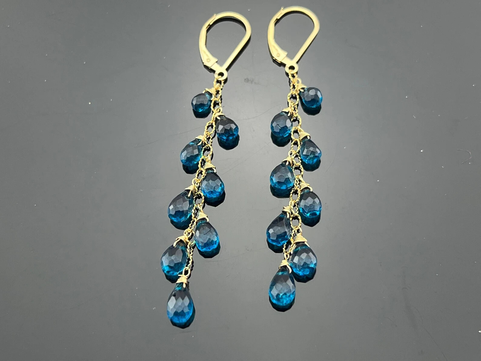 Genuine London Blue Topaz Cascade 14K Gold Filled Dangle Leverback Earrings