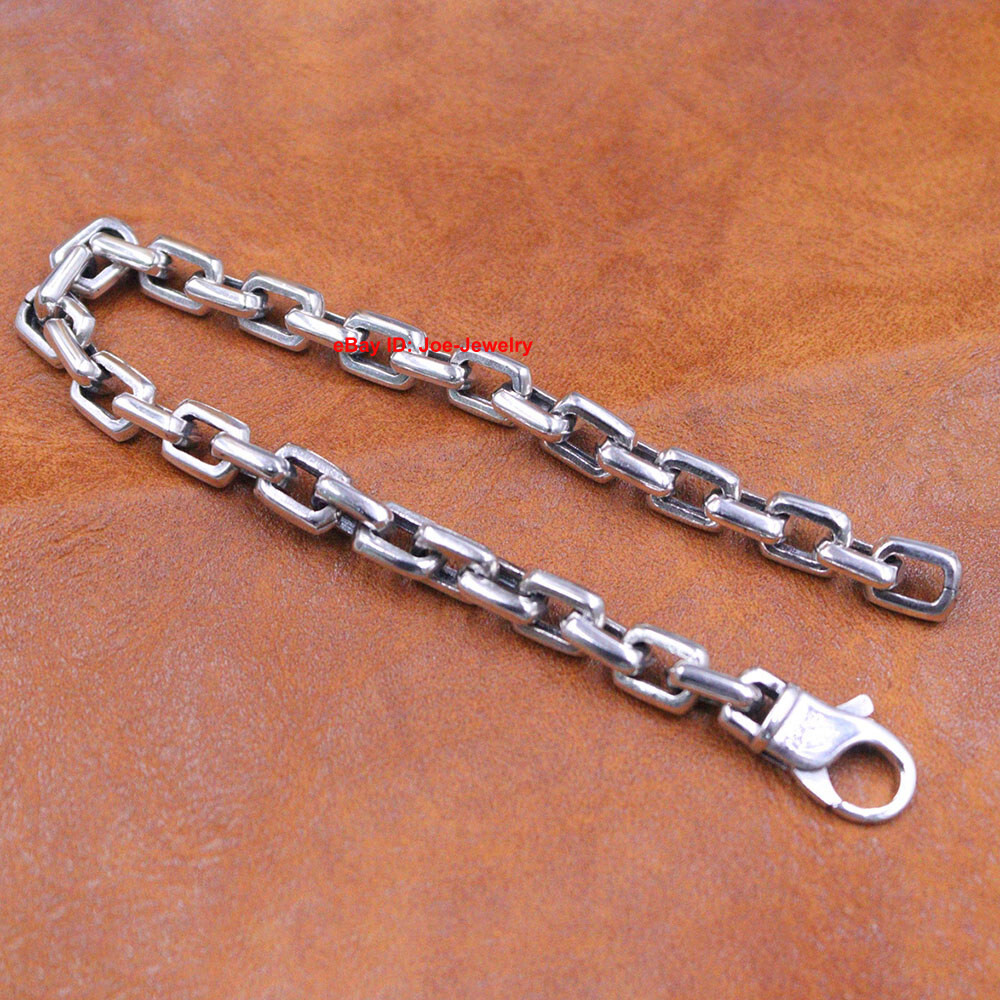 Real 925 Sterling Silver Bracelet 7mm Rectangle Link Chain 8.26inch For Men