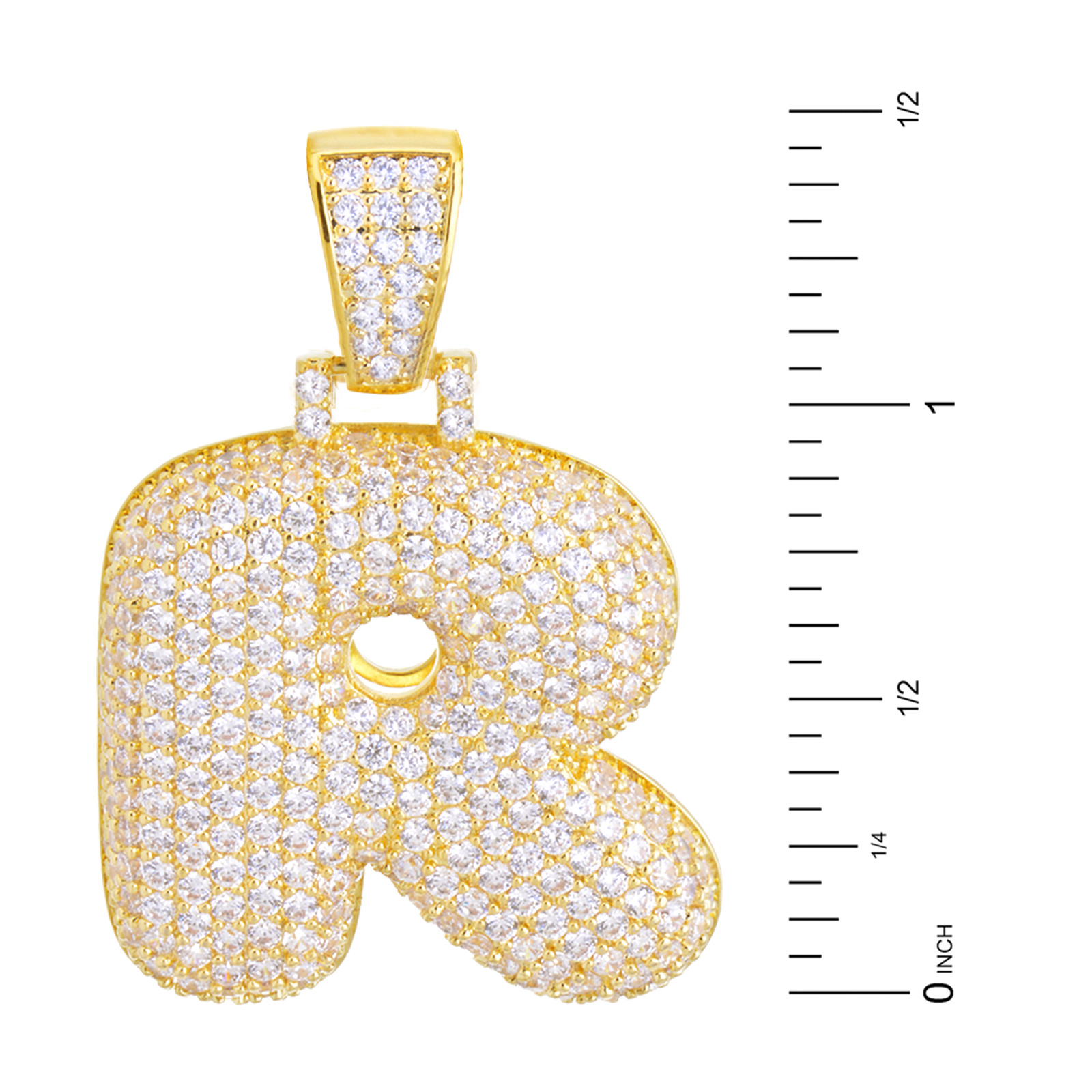 R Initial Custom Bubble Letter Gold Plated Iced CZ Pendant 24″ Chain Necklace