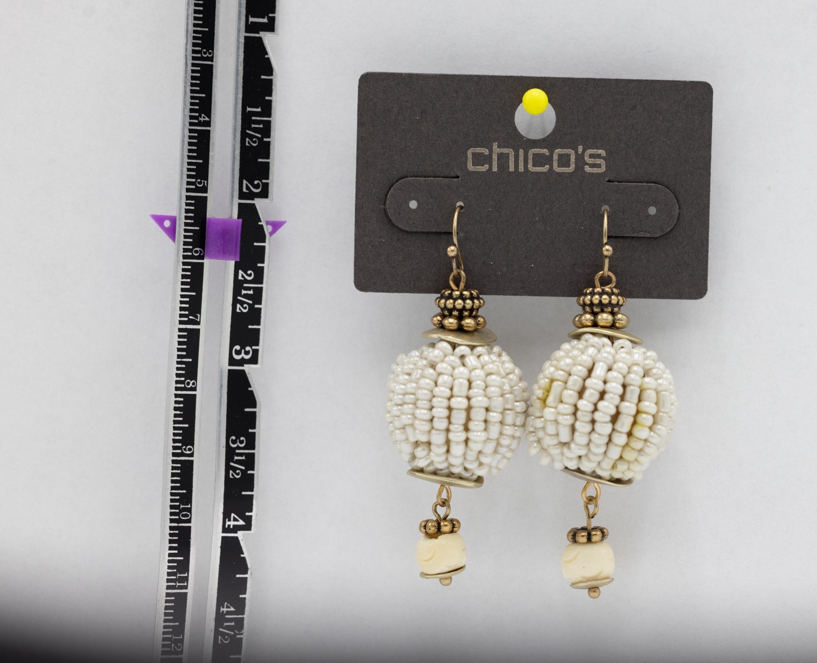 Chico’s white seed bead drop earrings with gold-tone New