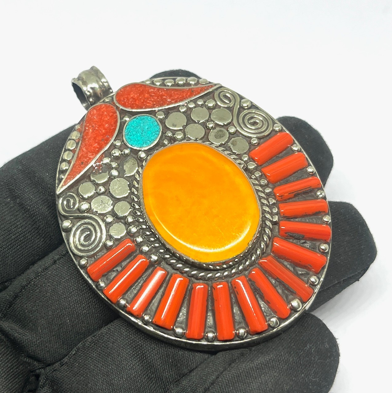 Art Deco Amber Coral Gemstone Tibetan Style Boho Pendant Jewelry, 2.8 inch
