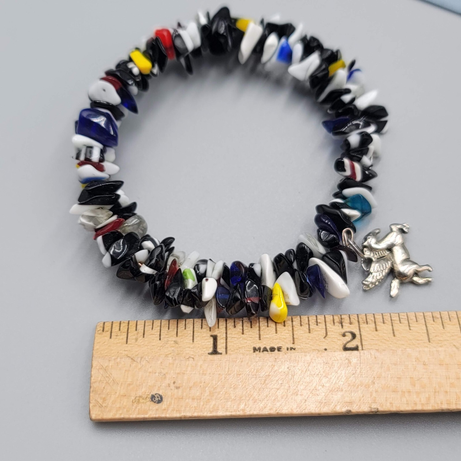 Memory Wire Bracelet Black White Yellow Red Art Glass Beads Pegasus Charm