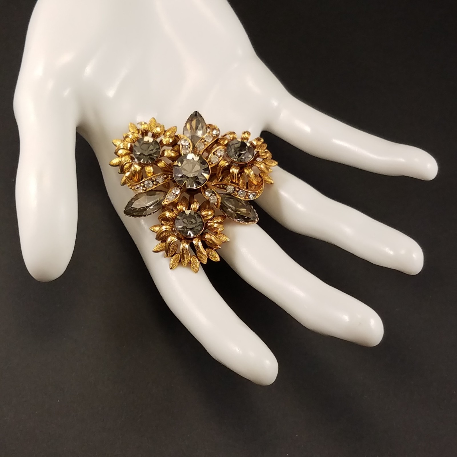 Vintage Riveted Statement Brooch Smoky Navette Crystal Runway Gold Tone Pin