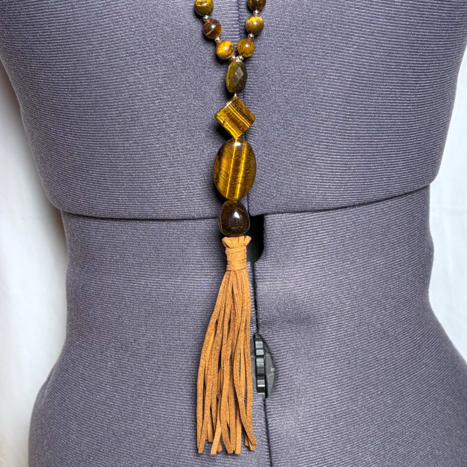 Chicos Fringe Tassel Necklace Boho Tigers Eye Brown 30in L 8in Dangle OS