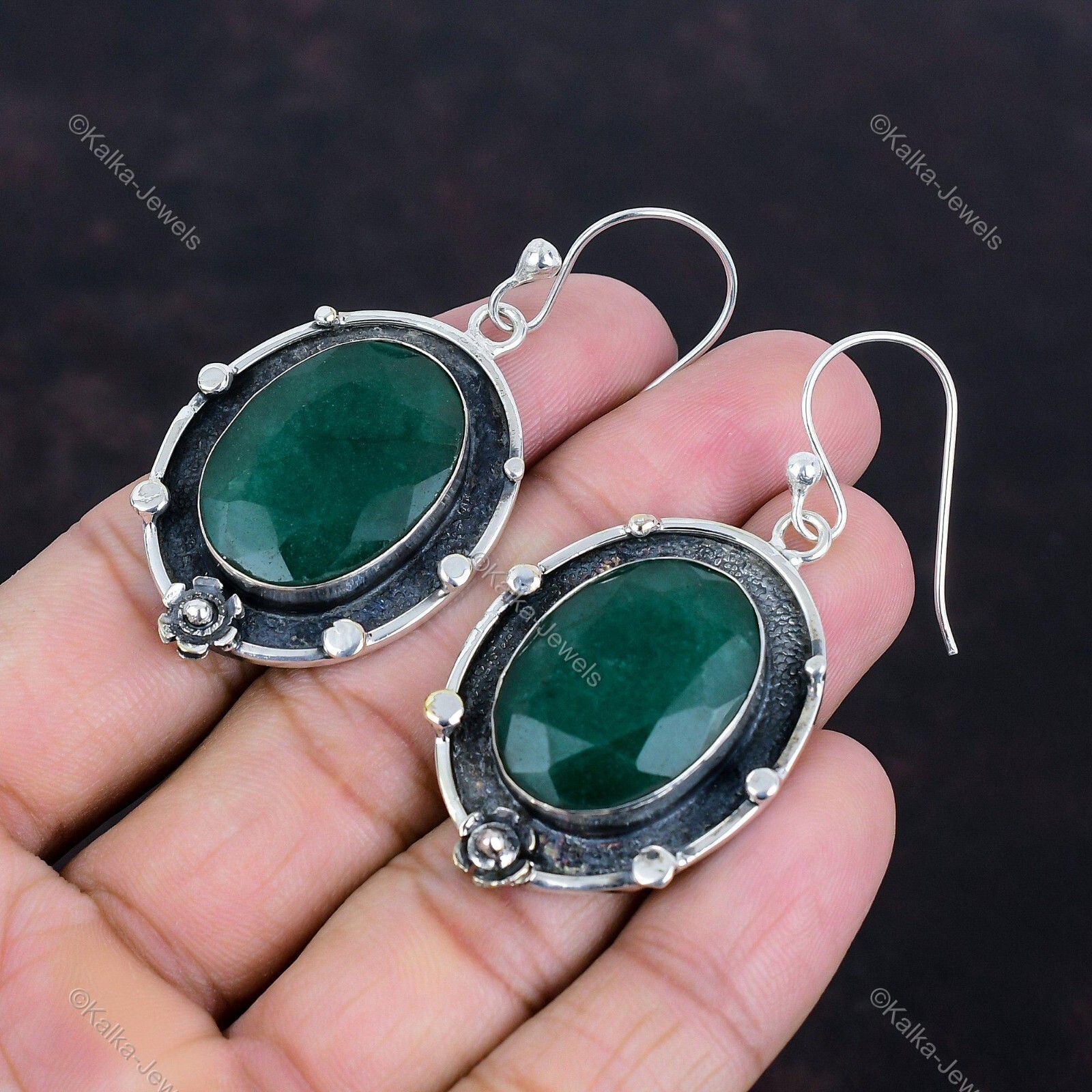 Natural Zambian Emrald Gemstone Drop/Dangle Earrings 925 Silver For Women