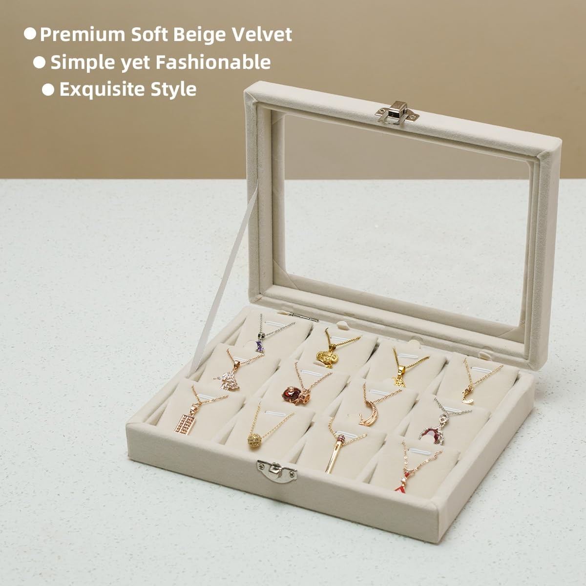 Jewelry Necklace Organizer Tray, Beige Necklace Display Case for Storage Jewe…