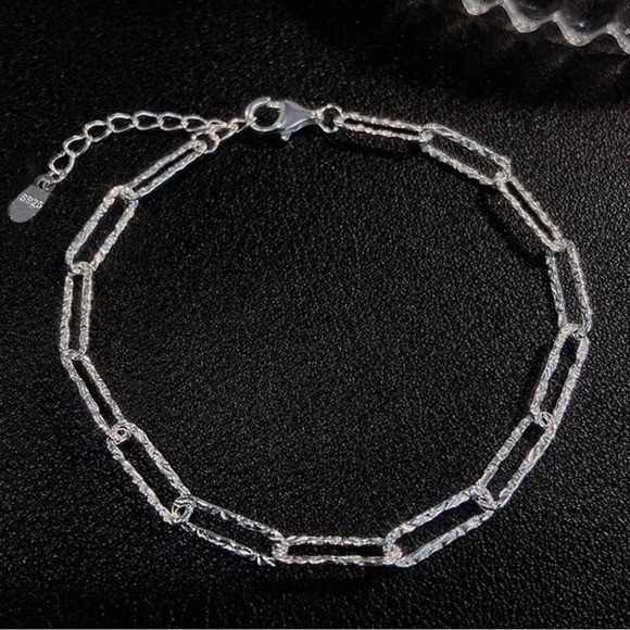 Sterling Silver 925 Textured Paperclip Link Chain Bracelet Adjustable Minimalist