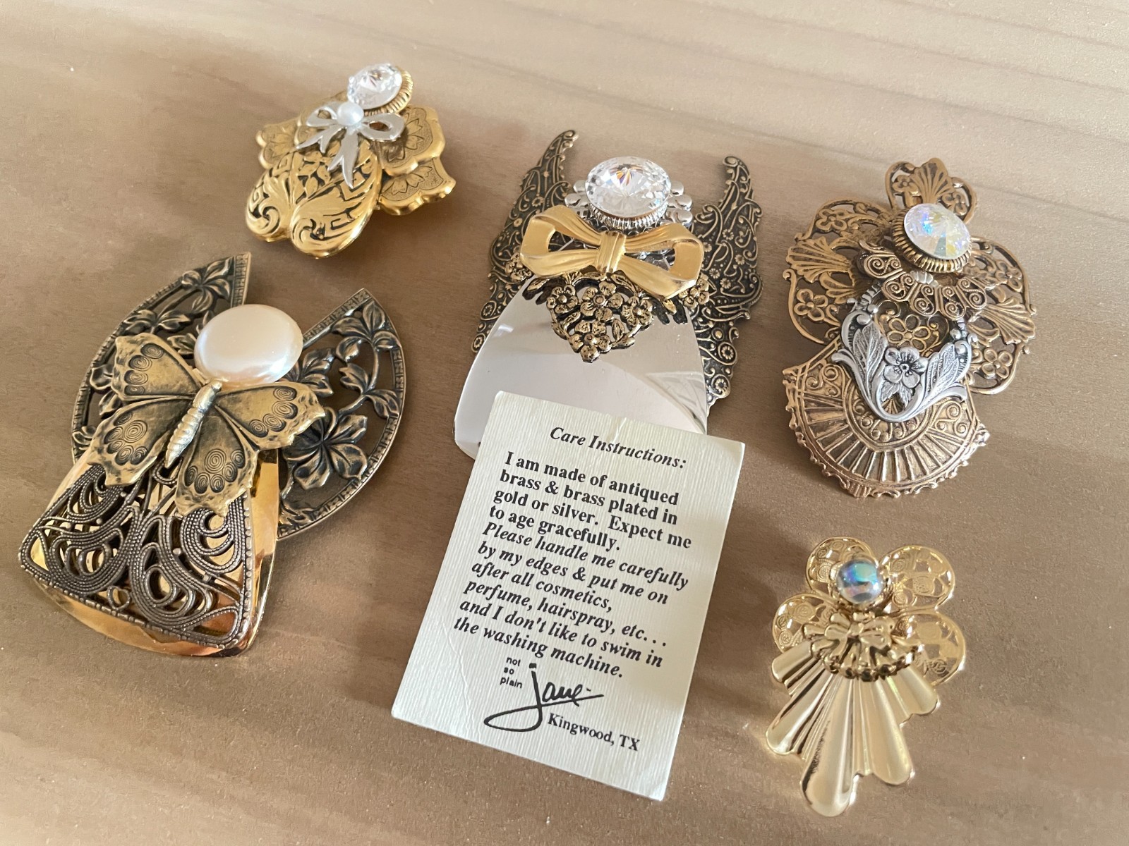 Lot of 5 Vintage Jane Davis Angel Brooches Filigree Gold Silver Bronze Tone