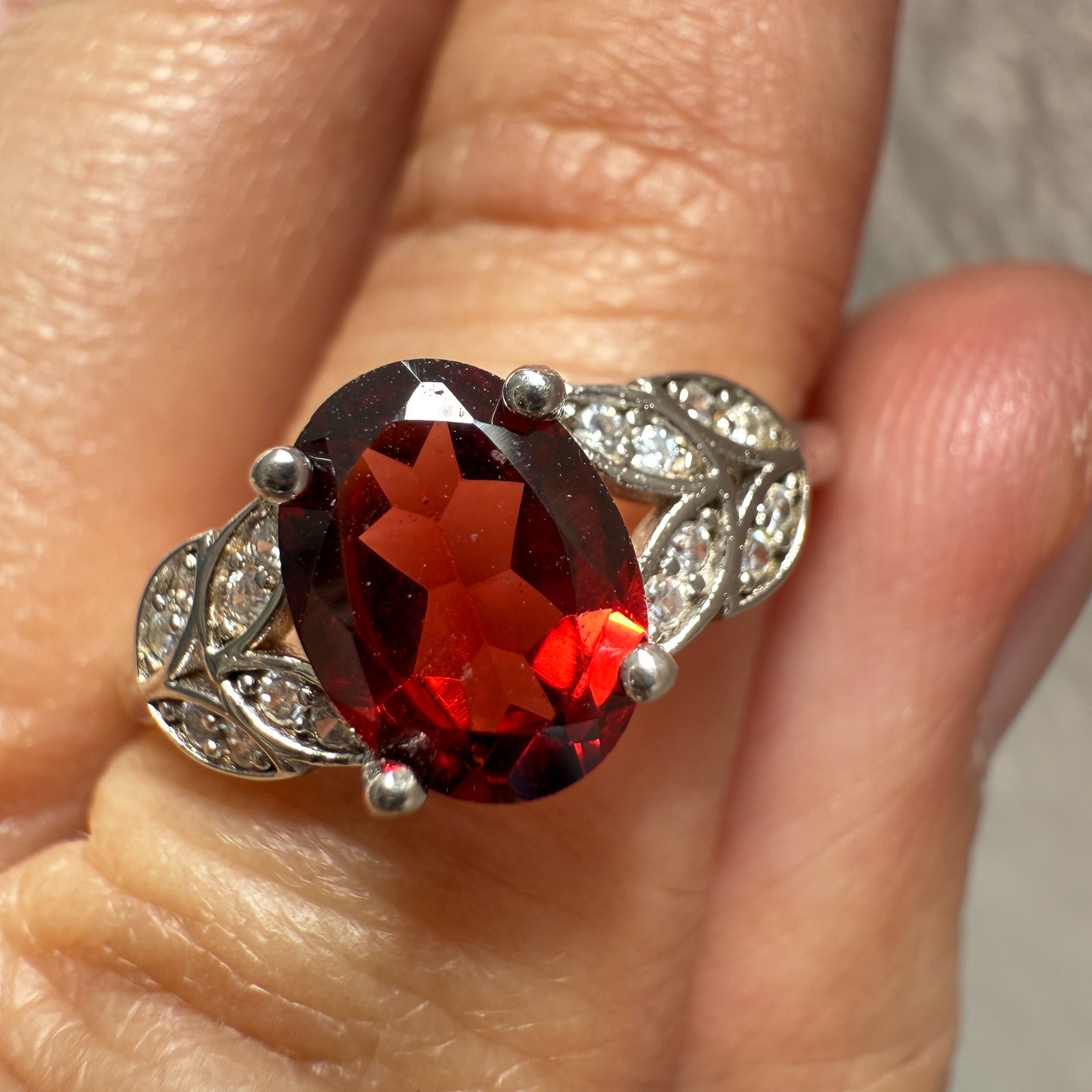 925 Sterling Silver Ring 8x6mm Natural Rhodolite Garnet Gemstone Zircon Flower